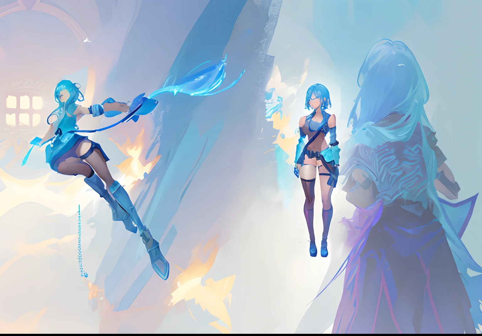 Anime character holding a sword and a blue-haired woman, concept character, League of Legends style, fantasy character concept, character posing for concept art, hori + concept-art, character concept, league of legends inspired, game character concept art, full body action concept art, concept art character, rpg concept art character, concept character art, rpg character concept art