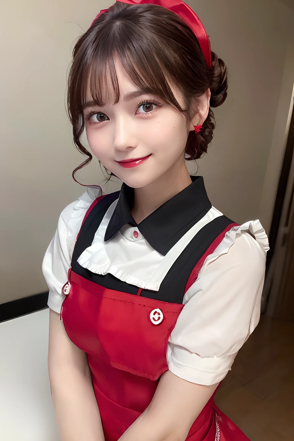 ((best quality, 8K, masterpiece)), ultra detailed, sharp focus, 1 cute girl, ((red apron:1.4)), (updo:1.4), (simple collared shirts:1.4), highly detailed face and skin texture, ((detailed eyes)), ((beautiful black eyes:1.2)), (smile:1.15), (closed mouth), (cafe)