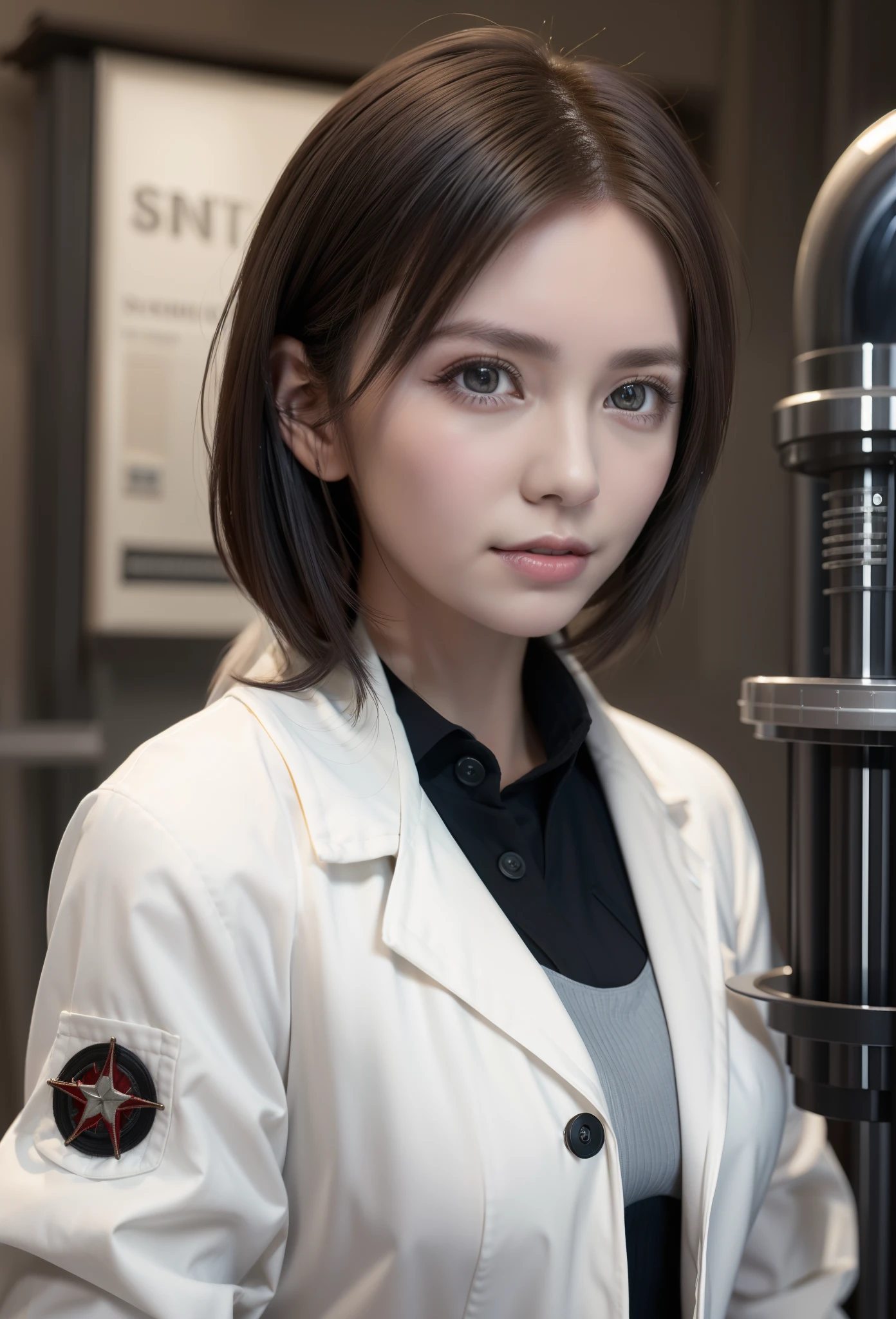 Science fiction,a science fiction film,cannons,Long-range missiles,Based on the Film Foundation ,Woman,Adult,The protagonist,28 years old,A hopeful face,Brown eyes,Short hairstyle,White-gray on black hair,Scientist uniform,White researcher coat,Open Meadow,Rebel,Chaotic,A futuristic world,Socialist world,Snow,the chaos