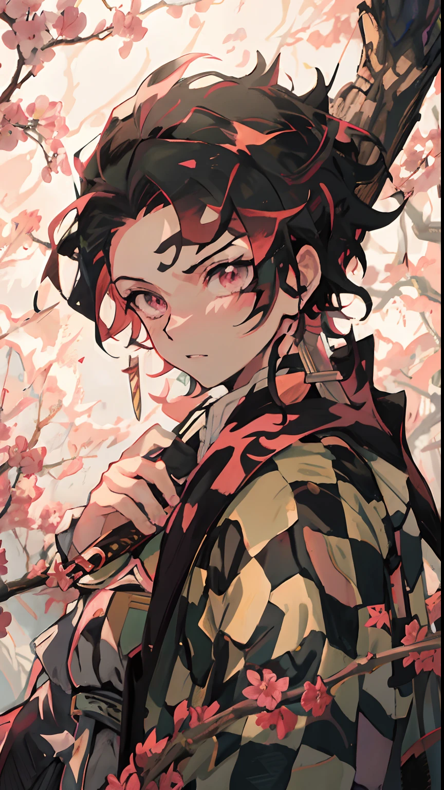 a man with a sword standing under a tree with flowers, handsome guy in demon slayer art, kimetsu no yaiba, demon slayer rui fanart, key anime art, demon slayer artstyle, inspired by Okumura Masanobu, detailed key anime art, anime cover, detailed anime character art, tsurumaki kazuya, official art