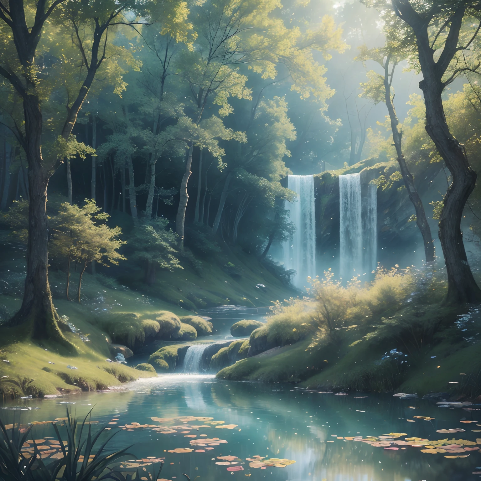(best quality,4k,8k,highres,masterpiece:1.2),ultra-detailed,(realistic,photorealistic,photo-realistic:1.37),(fantasy art:1.4),spirit of the wind,in nature,pale blue color theme,trees,pond,embodiment,breeze,air,delicate,evangelist