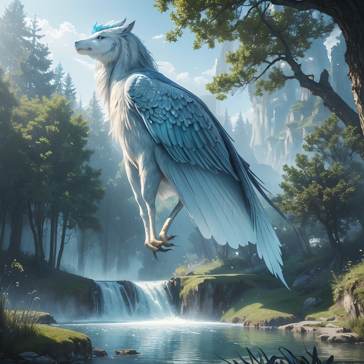 (best quality,4k,8k,highres,masterpiece:1.2),ultra-detailed,(realistic,photorealistic,photo-realistic:1.37),(fantasy art:1.4),spirit of the wind,in nature,pale blue color theme,trees,pond,embodiment,breeze,air,delicate,evangelist