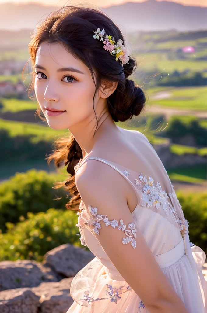 A beautiful woman stood atop a rocky outcropping, Her hair was swept up in loose curls that tumbled down her back, a subtle hint of makeup accentuated her high cheekbones, full lips, and flawless complexion. As she turned to face the camera, a soft smile played at the corners of her mouth, framing her delicate features and piercing blue eyes overlooking a breathtaking valley below. She wore a flowing wedding dress that billowed gently in the breeze ,the lace was delicately embroidered with tiny flowers and vines, while the hem was adorned with sparkling crystals that caught the light and glimmered like stars. In the foreground, a bed of wildflowers added a pop of color to the scene, with vibrant hues of pink, purple, and yellow. Bees buzzed lazily from blossom to blossom, collecting nectar in the golden light of the setting sun. The sun was setting behind the mountains, casting a warm orange glow across the vast landscape.