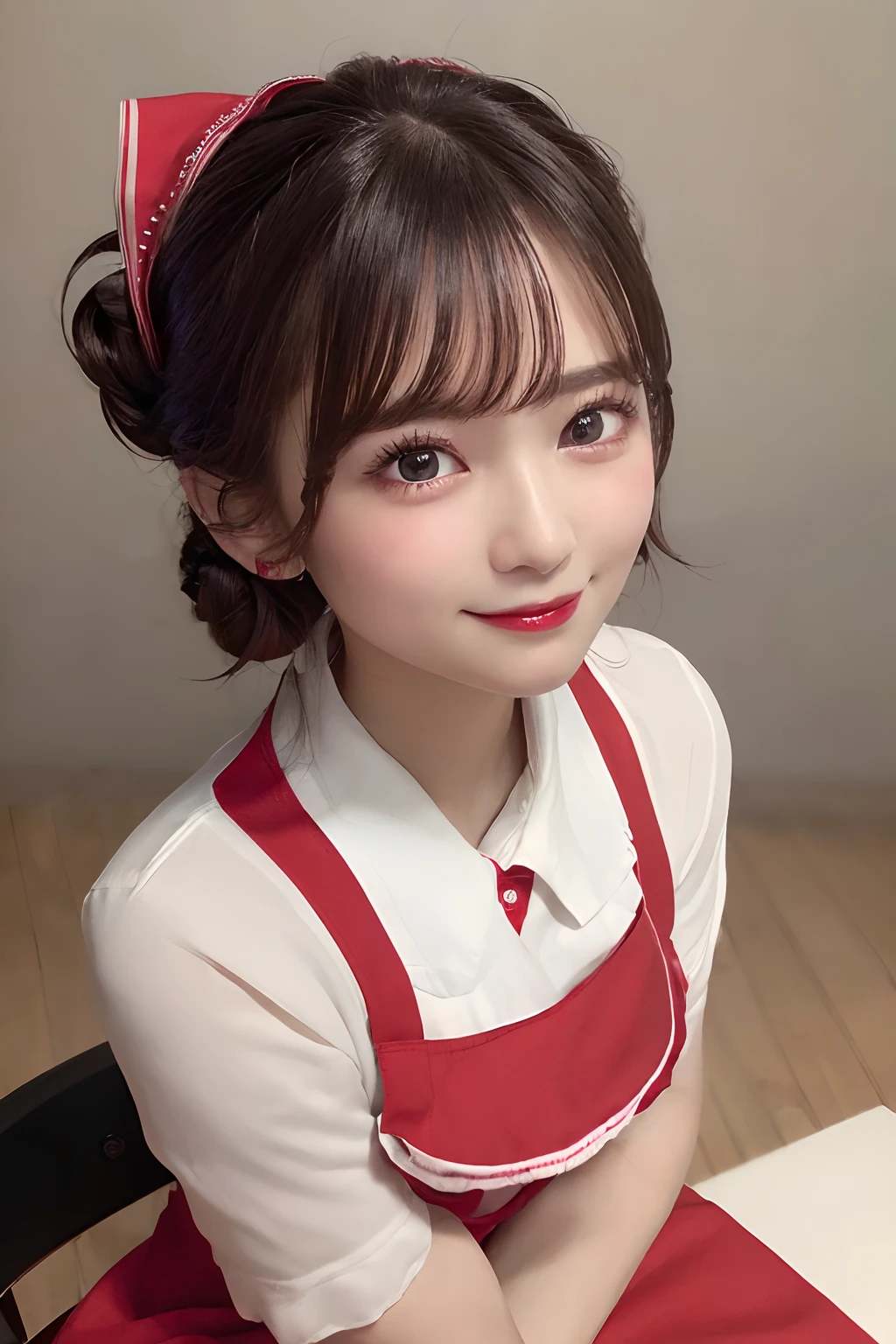 ((best quality, 8K, masterpiece)), ultra detailed, sharp focus, 1 cute girl, ((red apron:1.4)), (updo:1.4), (simple collared shirts:1.4), highly detailed face and skin texture, ((detailed eyes)), ((beautiful black eyes:1.2)), (smile:1.15), (closed mouth), (cafe)