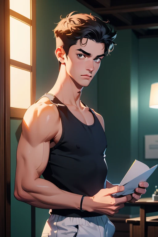 ((Masterpiece)),((best qualtiy)),8K,high detal,Ultra-detailed,Depth of field,Extremely detailed CG Unreal 8K,Anime style,Guido Daniele,1boys,Adult male,Slim body,Handsome face,well proportioned hands,Real skin texture,(Portrait:1.15),[Wall washing lighting|Beam illumination|Mood lighting|through lighting|Energy-efficient lighting],([Carrying|reaching out|posing on a|Chasing|pole dance|Fly kick|standing on liquid|Toilet use|Whispering]),(short sleeved shirt,Straight pants,Sport Tank Top,Envelope bag,Chelsea boots),Buzz Cut haircut,[Seductive smile|mouth hold],