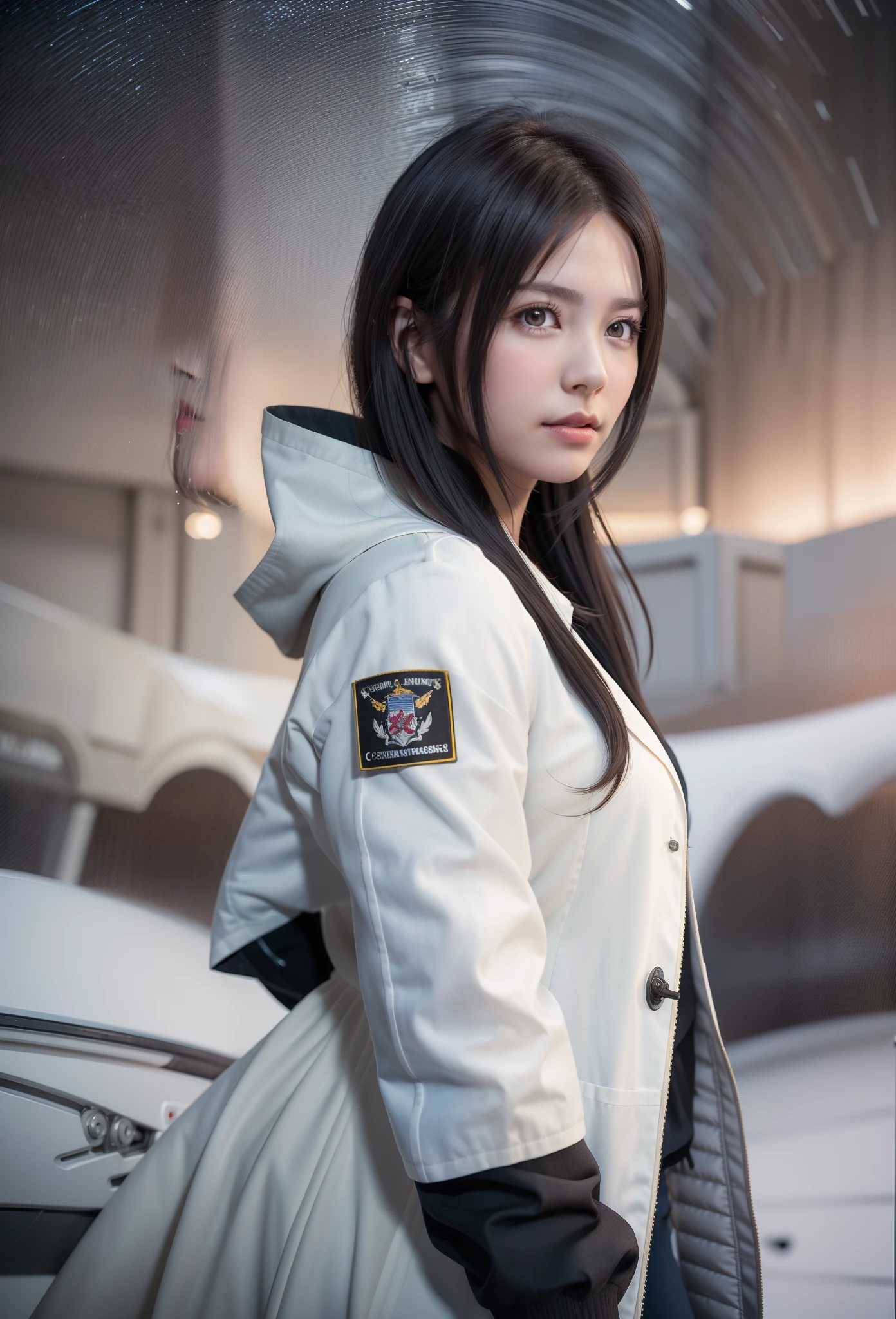 Science fiction,a science fiction film,cannons,Long-range missiles,Based on the Film Foundation ,Woman,Adult,The protagonist,28 years old,A hopeful face,Brown eyes,Short hairstyle,White-gray on black hair,Scientist uniform,White researcher coat,Open Meadow,Rebel,Chaotic,A futuristic world,Socialist world,Snow,the chaos