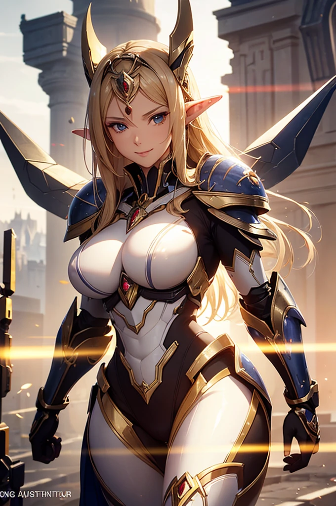 Beautiful images,Detailed Images,Official image,(Background of the base),One Woman,Blonde,Red Eyes,Ponytail Hair,Model body type,(Dark Skin:1.3),Elf Ears,Large Breasts,(Bioarmor:1.3),Smile small,