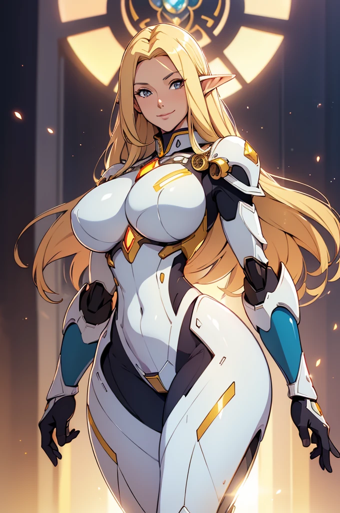 A beautiful woman, Queen, elven, (( mecha)), perfect body figure, very big breast, very big ass, milf, age 46, royal, mature, blond color hair, happy smile, fine details, cinematic lighting, beautiful lighting effect, creative design, full frame, divine aura, shining light, perfect color transition, perfect balance of contrast, perfect color layer, perfectly smooth color blur, soft rendering, smooth color stroke, sun glare, optic lens, light ray, soft colors, smooth colors blend, perfect color rendering, harmony, perfect color harmony, light particles, perfect details, intricate details, color prism, fine details, fine armor