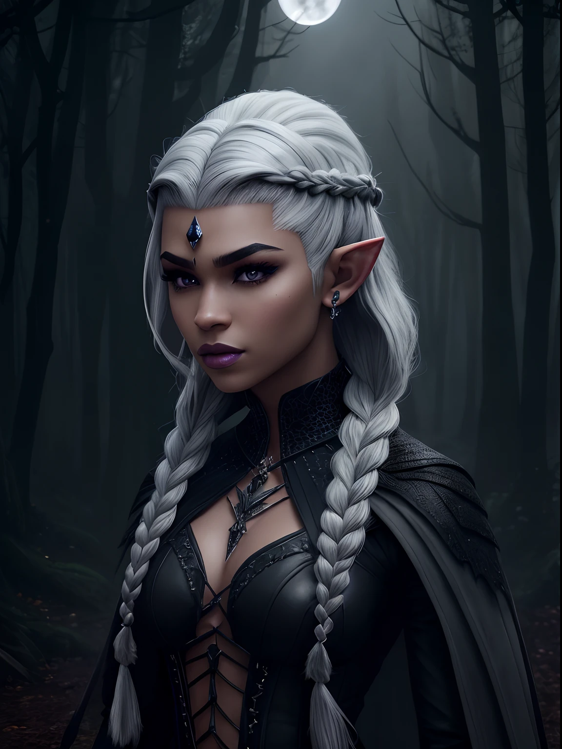 (Dark elf witch), the face of zendaya:Dua lipa, pointy ears, grey skin, white hair, (high top fade haircut), (one braid in one side of the head), masterpiece, dark forest in the background, fog, in the night, full moon ligth, 8k, detailed digital art, piercings.