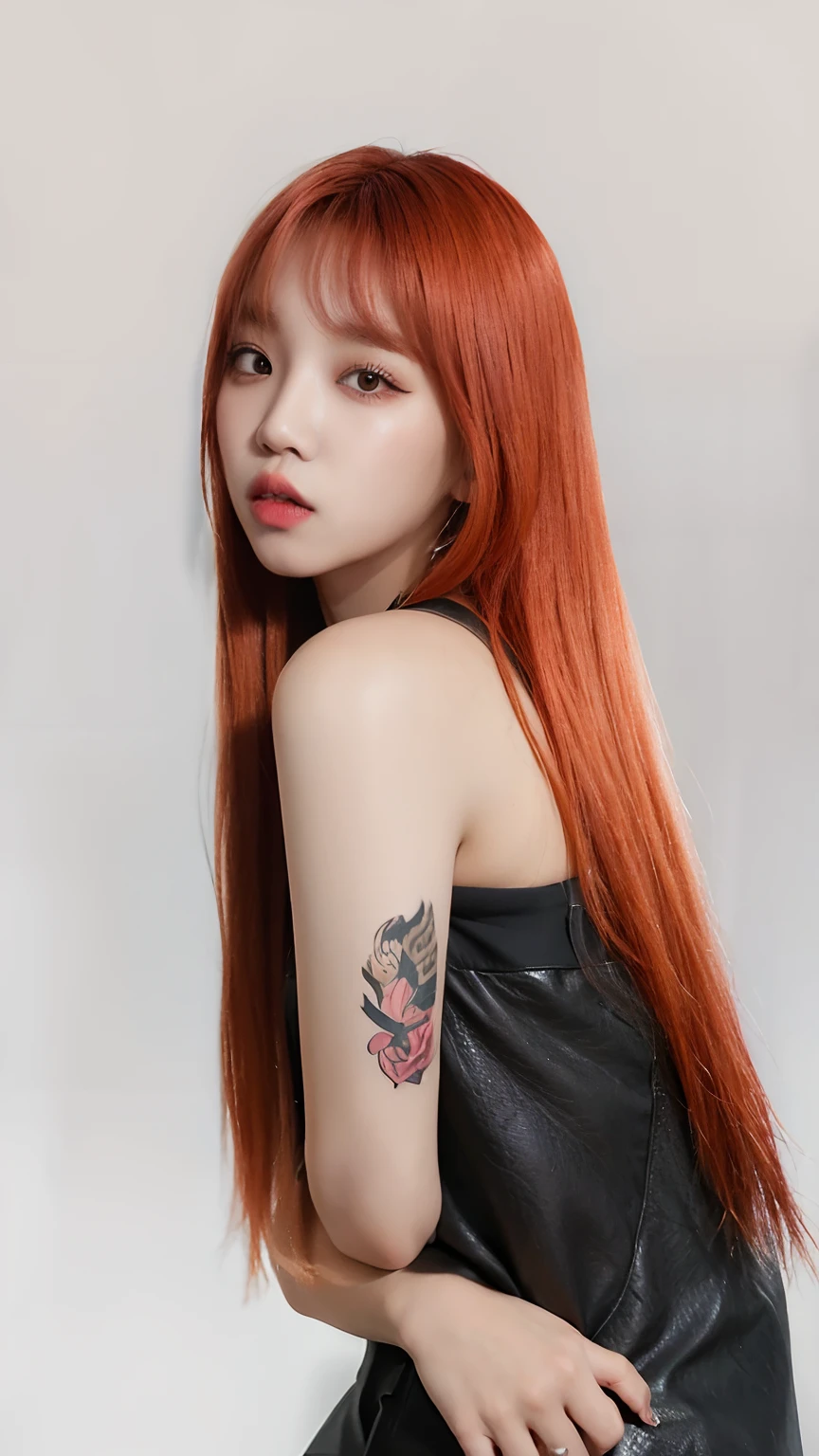 Woman with red hair and a tattoo on her arm, Dom Yunjoo, Lalisa Manobal, ela tem cabelos longos e redorange, Portrait of female Korean idol, Lalisa Manoban do Blackpink, portrait of kpop idol, Ulzzang, Retrato de Jossi de Blackpink, Ela tem longos cabelos castanhos alaranjados, Parque Roseanne do Blackpink