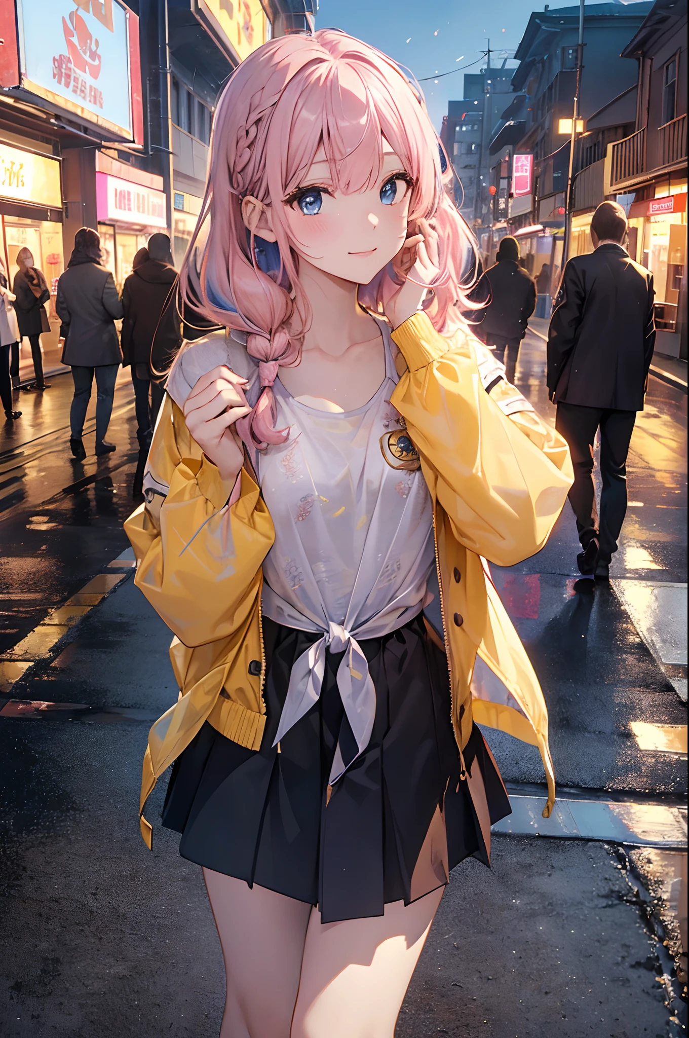 (Girl with a nasty appearance:1.3)、(Daytime:1.5)、(and chest:1.4)、Raw photography, top-quality, hight resolution, (masterpiece), (Photorealsitic:1.4), (Mole under the eyes),Anime Cosplay, foco nítido, nffsw, 8K分辨率, intricate detailes, depth of fields, the Extremely Detailed CG Unity 8K Wallpapers, front lit, femele,25-years old、 Happy face,(tying hair:1.5)、see -through、(Medium pink hair)、blue eyess,(tourist destination:1.5)、(Yellow shirt on jacket:1.3)、(Full body depiction)、Autumn atmosphere、festival、If you have a travel bag、Composition