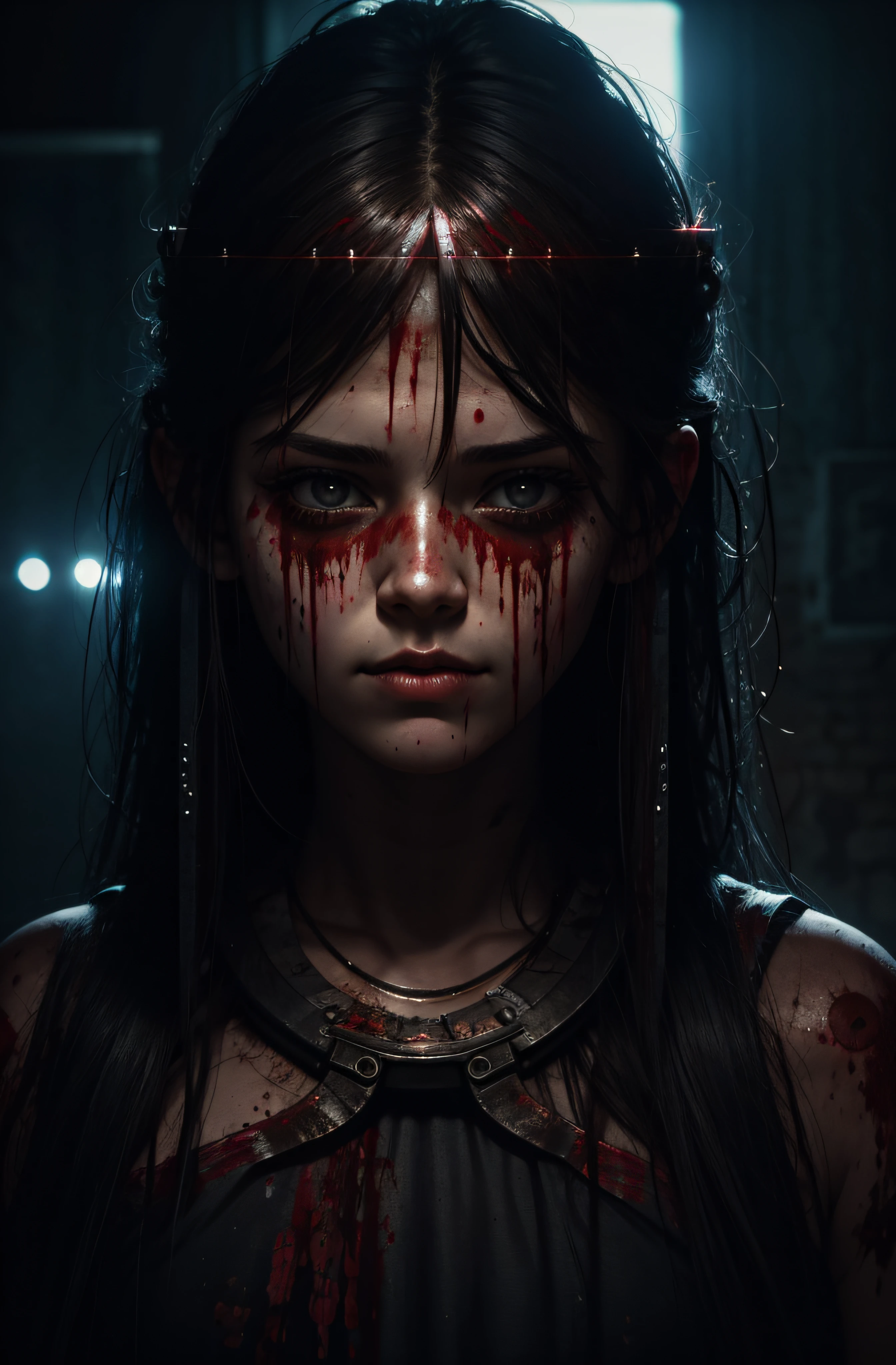 a cute girl, (epic portrait:0.85), flowing hair, sweaty skin, night, [[soft cinematic light, adobe lightroom, photolab, hdr, intricate, highly detailed, ]], ((by brian m viveros)), (depth of field), epic realistic, (bloodpunk:1.2), gore