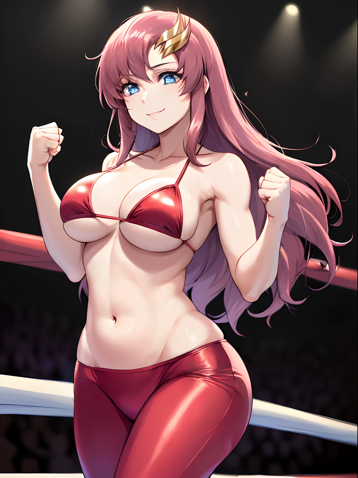 Clouds, Outdoor, fighter, hot flame theme, (masterpiece, , 4K, Best Quality, Anime style: 1.9,, Adult Woman, ultra detailed face, (cloud background, wrestling), Drawing lines, high resolution, Anime, lacus4), 1girl, Solo, curvy figure, very Long hair, 鎖骨, scapular, (Detailed wide hair bangs, Hair Ornament, Detailed reddish-pink hair, golden crest), cleavage, large hands, (female wrestler). (Big blue eyes, shiny eyes), ((female wrestler, thick arms, slender body, broad shoulders, closed fists)), ((perfect proportions, medium breasts, long belly)), (((red micro bikini top, red long pants, red wrestling gear, champion))), happy, smile, , (belly dancing, looking at the viewer), , showing off underarm, (elegant lady)