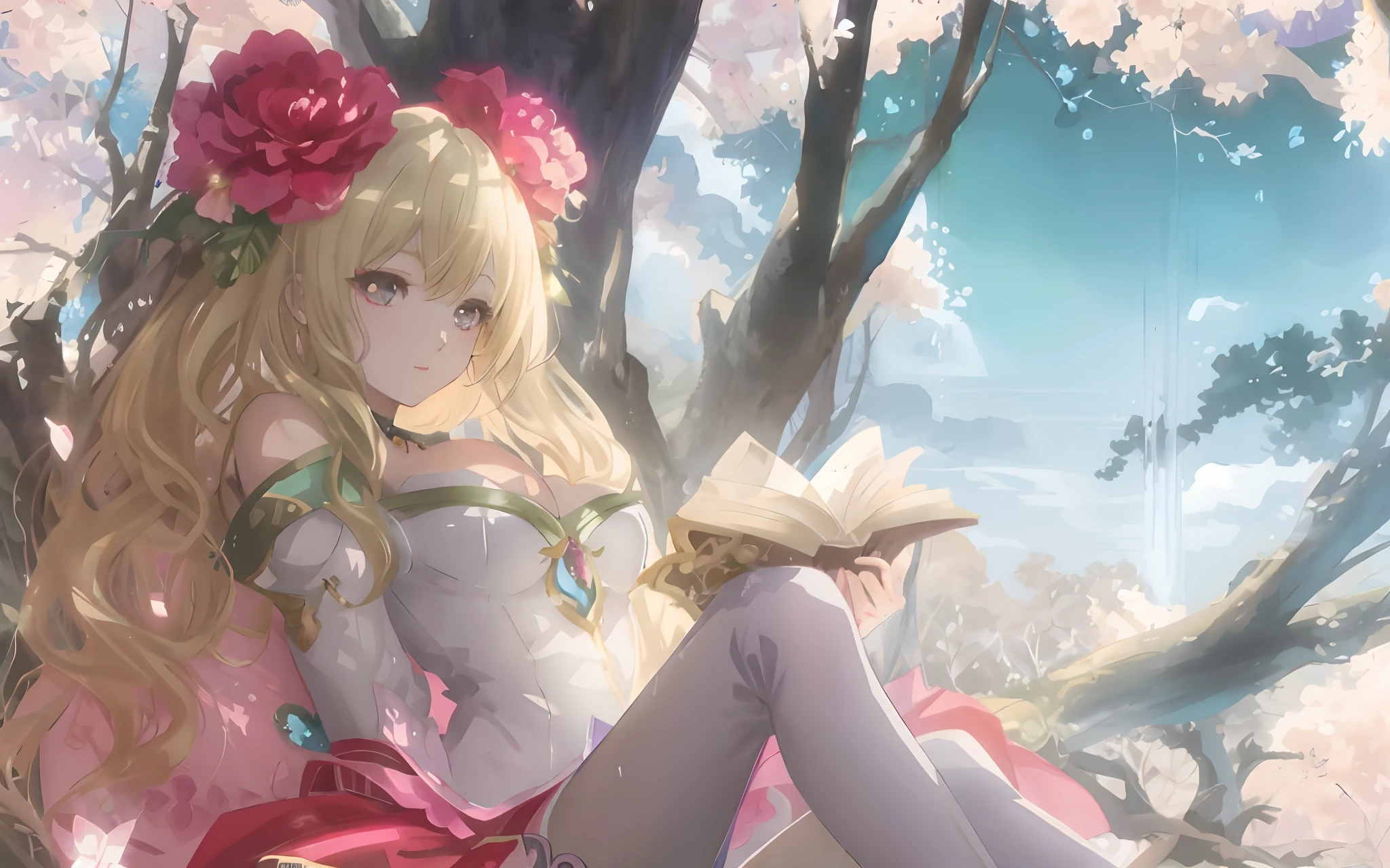 Anime girl sitting on a tree branch reading a book, Anime fantasy artwork, Anime fantasy illustration, 2. 5 D CGI anime fantasy artwork, shadowverse style, beautiful fantasy anime, beautiful and seductive anime woman, Extremely detailed Artgerm, beautiful fantasy maiden, fantasy beautiful, Fantasy art style, shadowverse, Anime goddess, spring goddess, ! Dream Artgerm