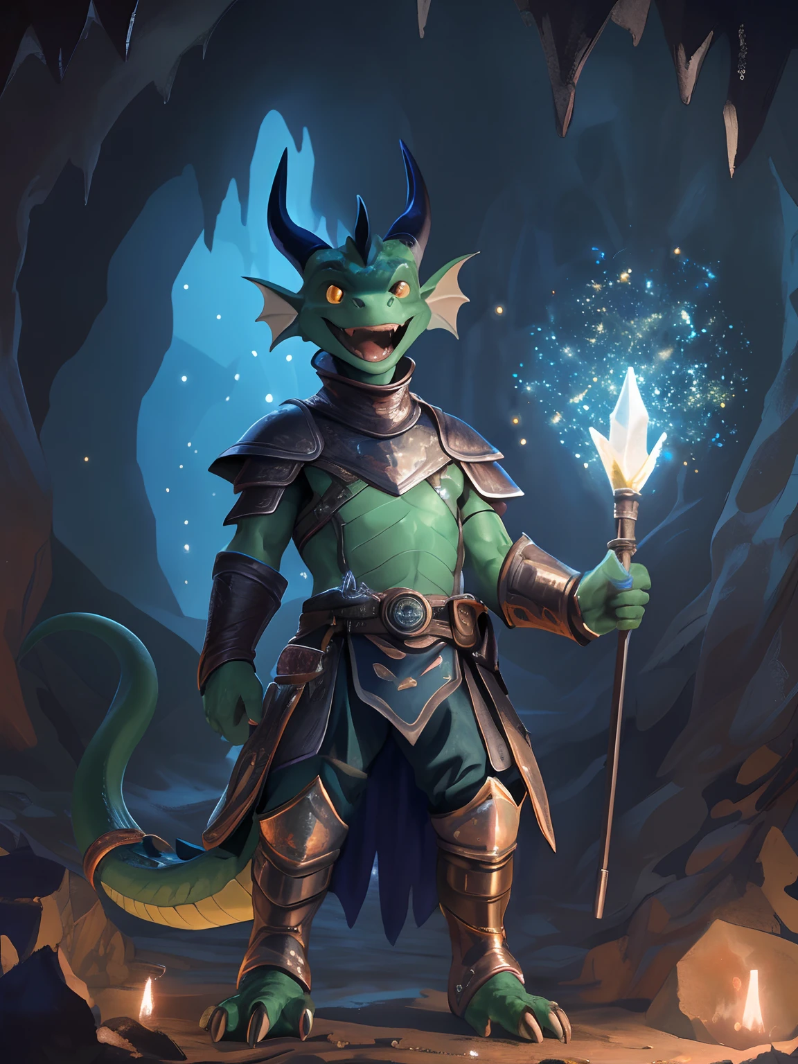Solo, Male, adventurer, (male anthro-dragon:1.3), (Green body:1.1), Yellow belly, (standing:1.3), (komono:1.2), (Cave:1.23), (Leather armor), (excited:1.3), Open mouth,  ,Detailed eyes, Dragon tail, horn, (Bust portrait), (Detailed eyes), (Indoors:1.35), crystal, torches, Smoke, DnD, (Dark:1.4), (Particle ,Firefly, blue glowing:1.3), Detailed background, 8K HD, (Dark shadows, Wide dynamic range, hdr, Low light:1.2), by Pino Daeni, canyne khai, milkytiger1145, (Tik), [Dagasi, Yupa], (((Detailed eyes)))