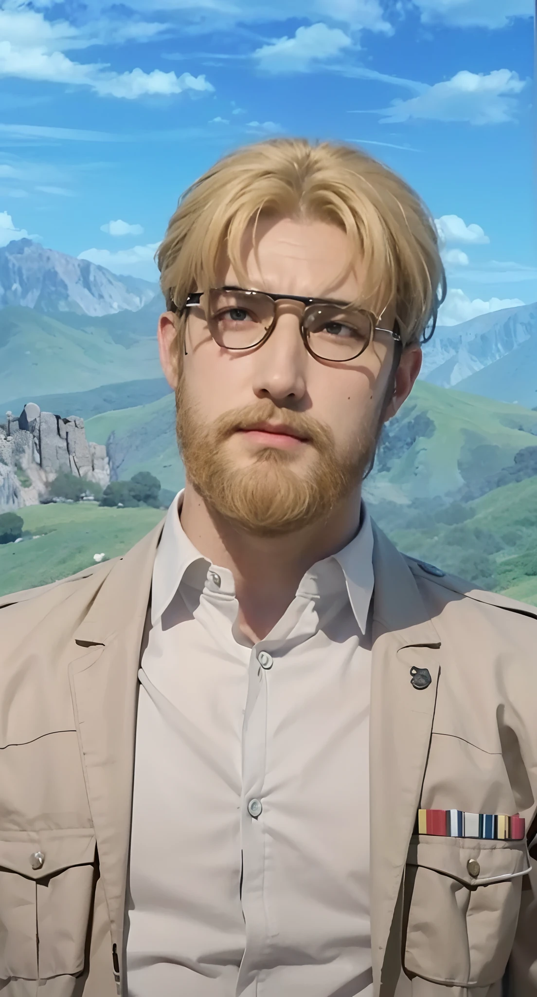 Real life adaption of this character, adult Handsome face, realistic same hair, realistic same beard,(realistic same outfit), realistic same background battlefield with black smoke, realistic light, realistic shadow, realism, hyper realistic,(photorealistic:1.2)