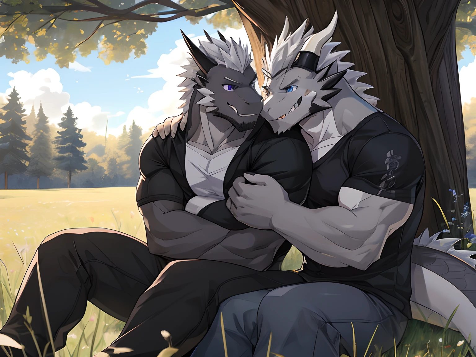 (Best Quality), 1Male,  (Furry Gray Dragon), Blue Eyes, White Medium Hair, Casual Set, Fit Body, Good Looking, teeth, 1Male, (Furry Black Dragon), Purple Eyes, Gray Medium Hair, Gray Facial Hair, Casual Set, Good Looking, Fit Body, ((Black Dragon Hugging Gray Dragon)), Comfortable, Warm Feeling, Afternoon, Tree, In Field Background, gay sex, nudity, sexual intercourse 
