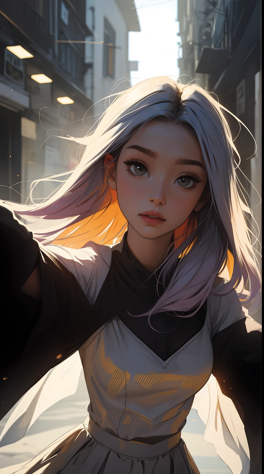 A beautiful girl, Look at the viewer in hip-hop style street clothes, different, colourful, long, Highly colored hair, dark garments, White stardust on dark parts. Vibrant colors, artistic blur, light leaks, Dreamlike atmosphere, experimental charm, nostalgic appeal, color field painting, UHD, 16k, Ultra detailed