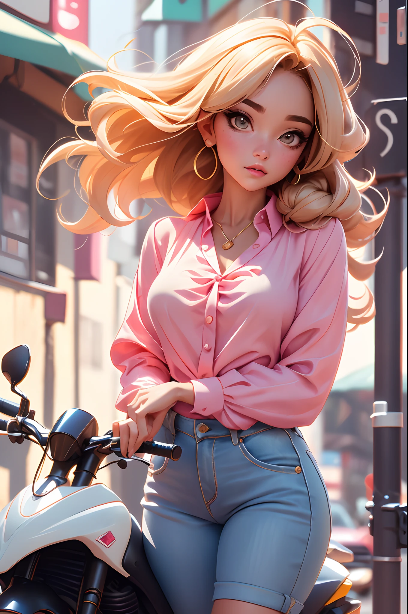 Top quality, 1girll, (The skin is hollow), (Large of breast), (day), Bright, Background blur, Outdoors, (street:0.6), (Hair:1.5), (blouse:1.5), Gorgeous, (Hair float:1.5), Soft light, Wind, sonoko, street