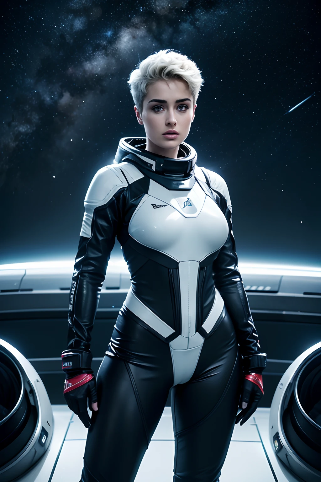 (8K RAW Photo Highest quality) Stefania Ferrario com um corpo perfeito, rosto e olhos super finos, cabelos curtos, Modern gloves, Modern combatent, Tight spacesuit White and Lime, peito grande e seios, Expor clivagem, corpo inteiro , Estendendo as pernas, bumbum grande, Interstellar space background, spaceships