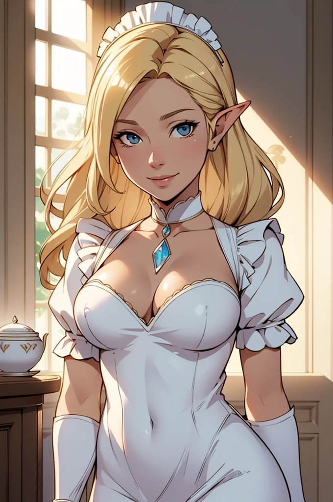 A beautiful woman, Queen, elven, (( maid, cafe)), perfect body figure, fairer skin, milf, age 46, royal, mature, blond color hair, happy smile, fine details, cinematic lighting, beautiful lighting effect, creative design, full frame, divine aura, shining light, perfect color transition, perfect balance of contrast, perfect color layer, perfectly smooth color blur, soft rendering, smooth color stroke, sun glare, optic lens, light ray, soft colors, smooth colors blend, perfect color rendering, harmony, perfect color harmony, light particles, perfect details, intricate details, color prism, fine details,