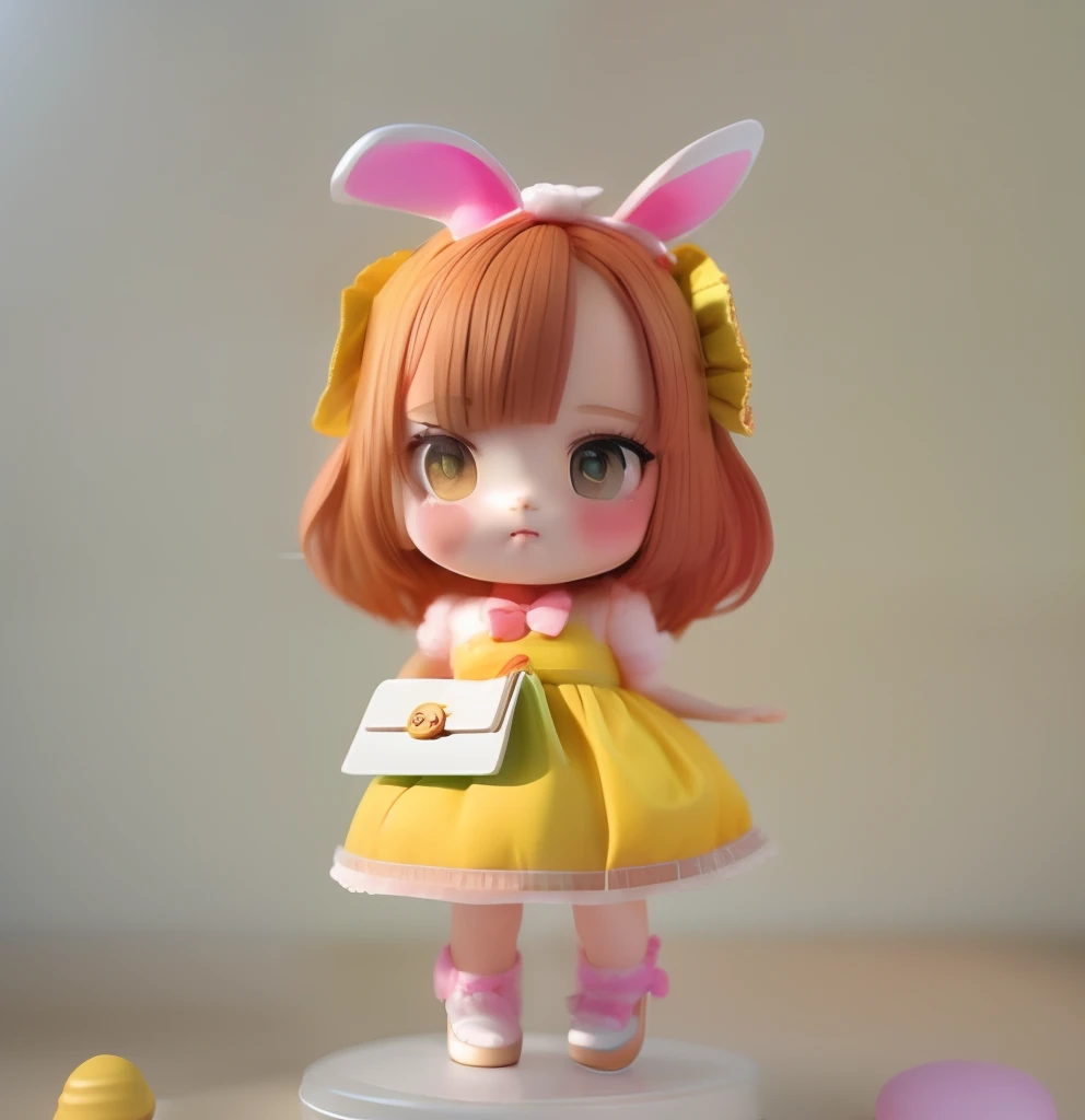 Close-up of a doll with bunny ears and a yellow dress, Nendoroid 3D, style as nendoroid, Also, nendoroid, nendroid, render of a cute 3d anime girl, cute character, cute fumo plush bunny girl, Cute cartoon character, Cute:2, original chibi bunny girl, render of april