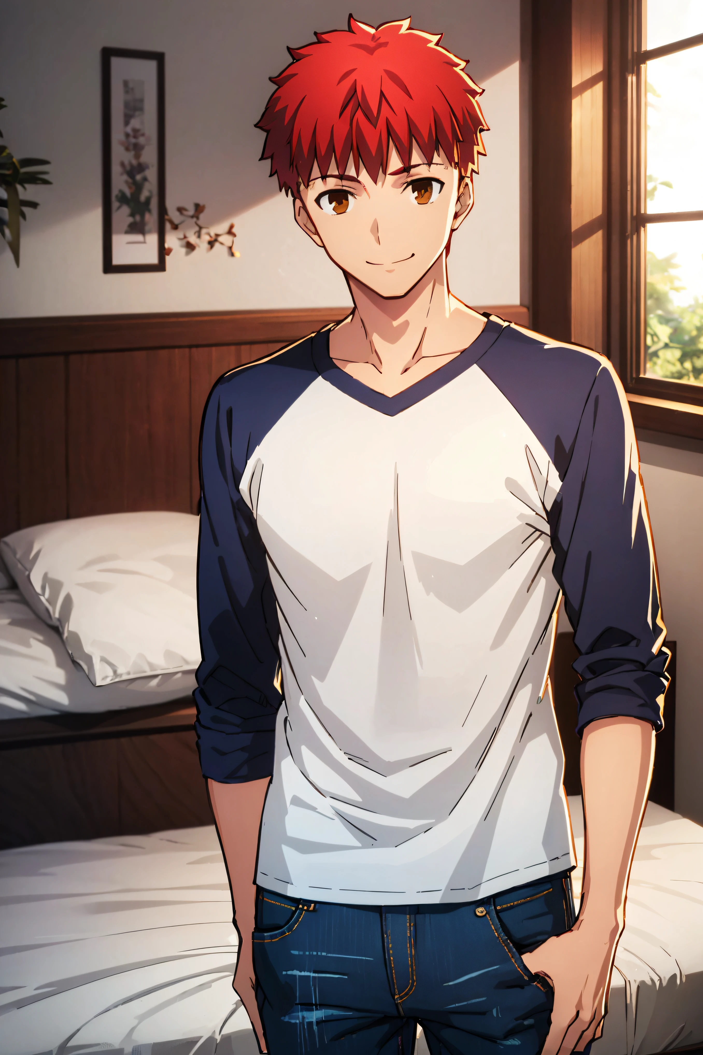 Shirou, red hair, spiky hair, golden brown eyes, white t-shirt, blue raglan sleeve, denim jeans, closed smile, eyes open, looking at viewer, 1boy, solo, looking at viewer, masterpiece, best quality, Upper body, bedroom, window, bed,