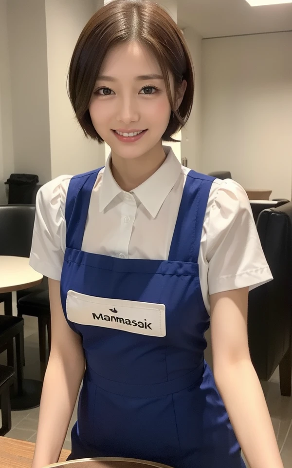 ((Top Quality, 8k, Masterpiece: 1.3)), Sharp Focus, One Girl, Slim Beauty: 1.2, Brown Hair, Short Hair, (Big: 1.5), (Layer Cut), Detailed Eyes, Double Eyelids, Cute Smile, (Mouth Closed), (Cute Japan Human-Faced Beauty), Soft Skin, Reflecting the whole body, Ultra Realistic, Ultra Detailed, High Quality, (Beautiful short-haired waitress who comes to the table to take orders)