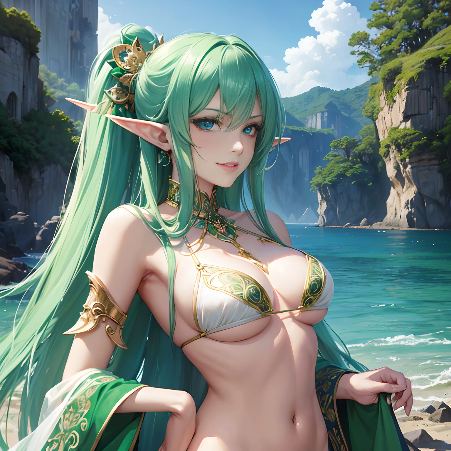 (masutepiece, Best Quality), Intricate details, Thin, ((slim)), Beautiful Girl, Emerald green color hair, White skin, sky-blue eyes, Sharp jawline, elf-ears,The bikini, hair messy, Plump lips, Upper body, close up, Smirk