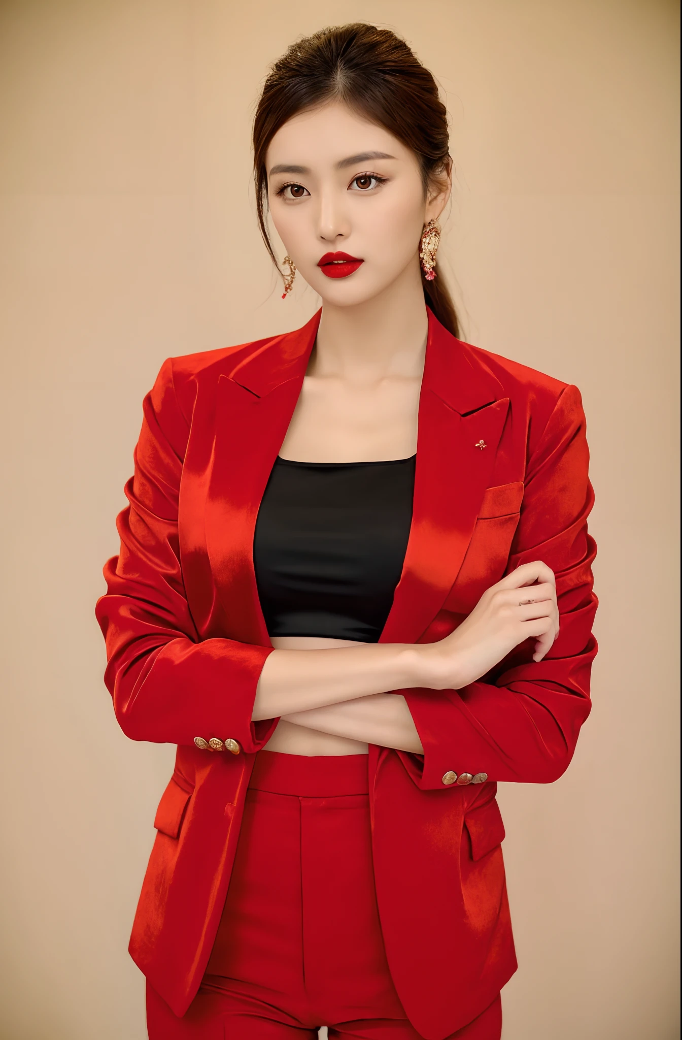 Arafi woman in a red suit poses for a photo, wearing red jacket, Red jacket, Red suit, wearing a black and red suit, korean women's fashion model, Red clothes, only red colour, jia, red and black suit, gorgeous chinese models, black and red silk clothing, wearing red attire, wearing red attire, cool red jacket, All red