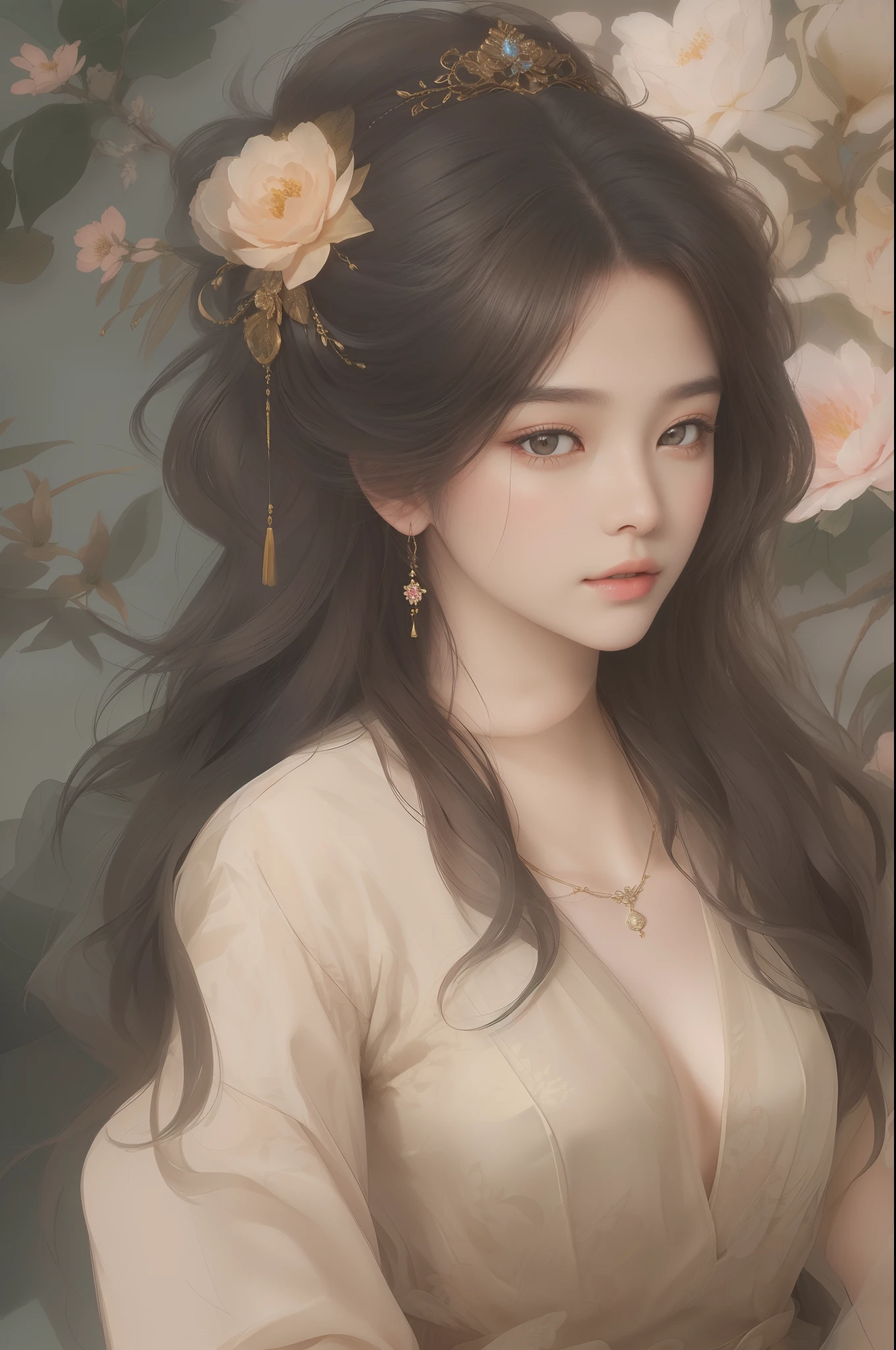 (Best quality:1.2,Masterpiece:1.2,A high resolution,1 girl,Chinese dress,Delicate hair accessories,floral decorations,Stunning necklace,Exquisite jewelry,Soft skin tone,Detailed body,Bokeh effect,Realistic Shading,Studio lighting,twotonelighting,High-resolution skin texture:1.2,8k ultra high definition,digital camera,Soft lighting,professional render,voluminetric lighting,Sincere expression,sportrait,A high resolution,4K,Blurred background)