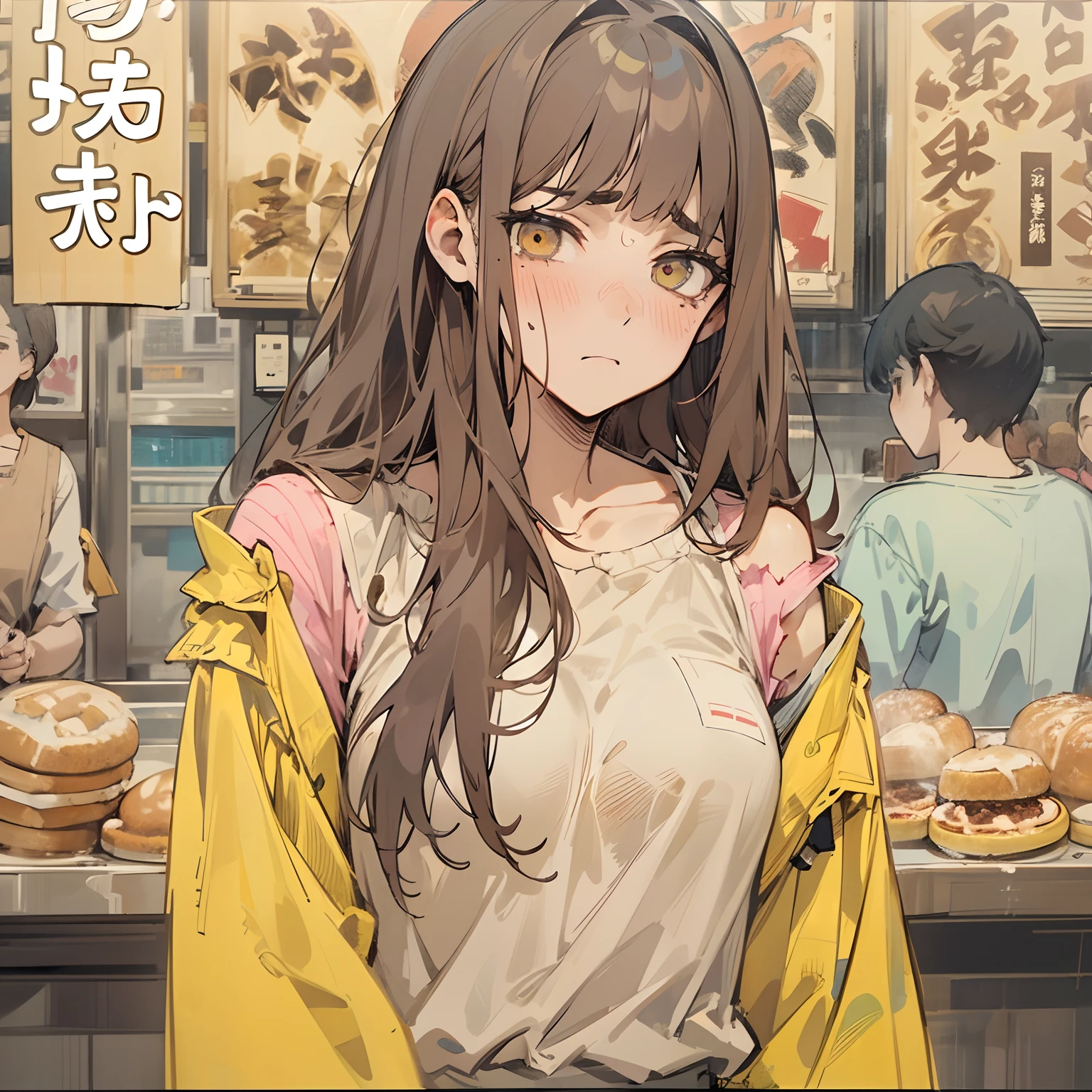 masterpiece、top-quality、(brown colored long hair:1.1)、20-year-old yellow-eyed woman、japanese comic book、Large one-shoulder T-shirt in pink、Clothes are torn to tatters、being thin、(flat breast:1.1)、(Depressed and gloomy look:1.3)、(Staring:1.5)、(Close-up of the subject's face:1.3)、Bakery in the background、Bold composition、Upper body is shown、Alone、