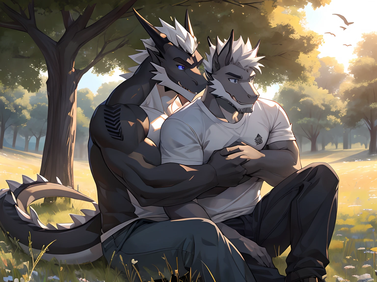 (Best Quality), 1Male, (Furry Gray Dragon), Blue Eyes, White Medium Hair, Casual Set, Muscular, Skinny Good Looking, teeth, 1Male, (Furry Black Dragon), Purple Eyes, Gray Medium Hair, Gray Facial Hair, Casual Set, Good Looking, Muscular, Skinny ((Black Dragon Hugging Gray Dragon)), Comfortable, Warm Feeling, Afternoon, Tree, In Field Background.