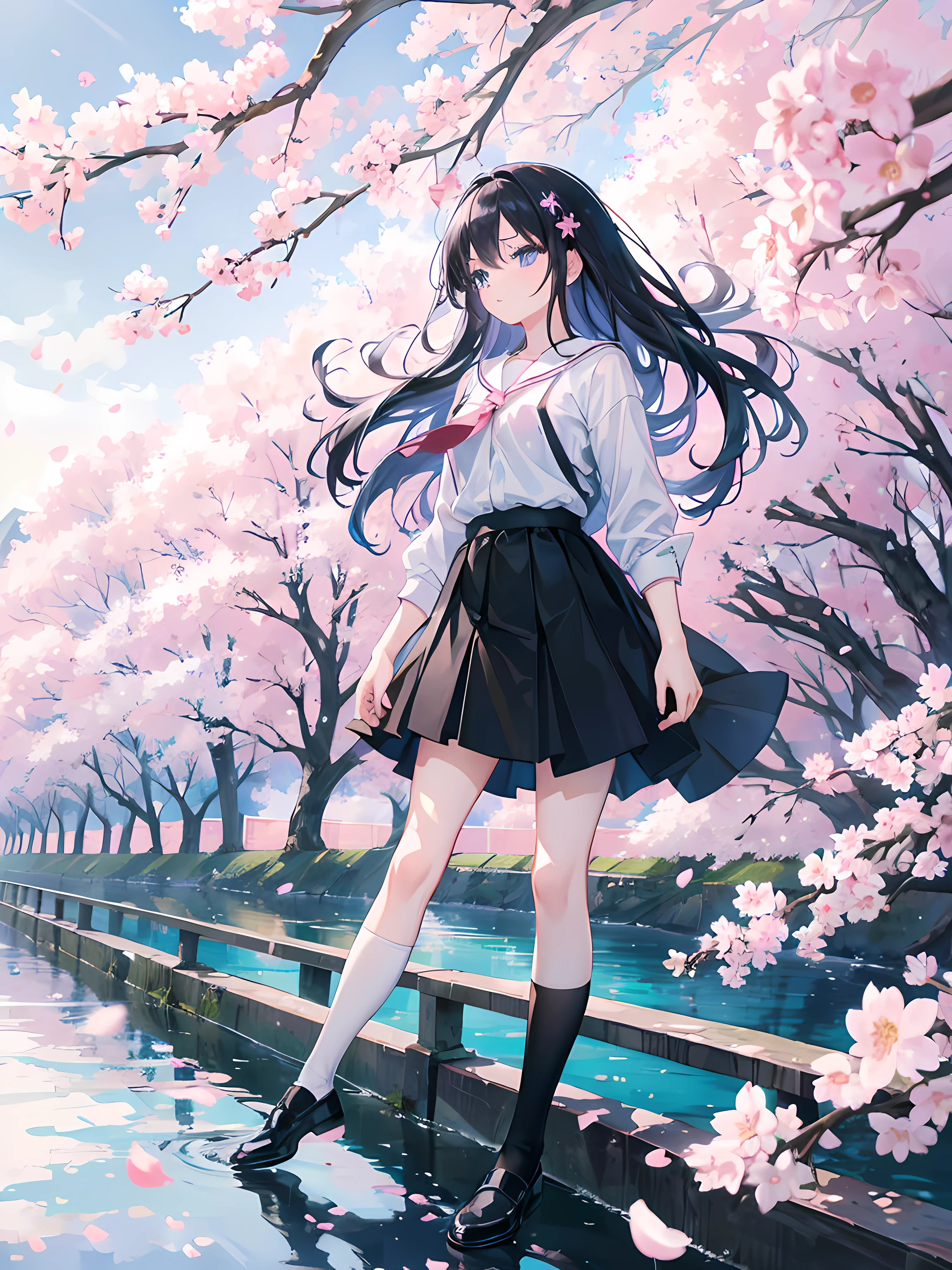 anime girl leaning on fence, facing a small river, small bridge in the background, sakura trees, sakura petals, blowing wind, (1girl), long black hair, blue eyes, small breasts, white shirt, black skirt, black tights, beautiful anime artwork, ultrasharp, masterpiece, high res, 8k