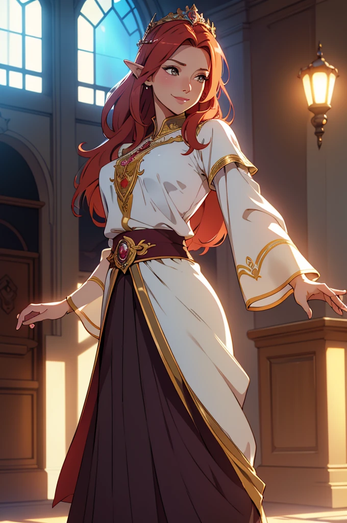 A beautiful woman, Queen, elven, (( blouse, skirt, crown, dancing)), perfect body figure, fairer skin, milf, age 46, royal, mature, red color hair, happy smile, fine details, cinematic lighting, beautiful lighting effect, creative design, full frame, divine aura, shining light, perfect color transition, perfect balance of contrast, perfect color layer, perfectly smooth color blur, soft rendering, smooth color stroke, sun glare, optic lens, light ray, soft colors, smooth colors blend, perfect color rendering, harmony, perfect color harmony, light particles, perfect details, intricate details, color prism, fine details, fine clothes