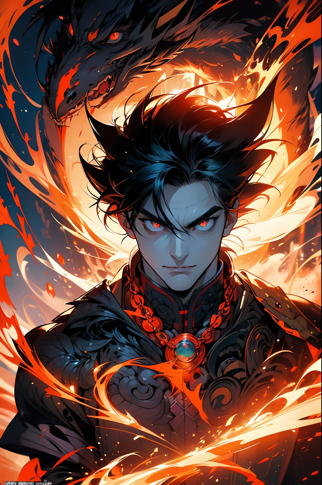 Get ready for a feast for the eyes with the Dark Lord, A creature with a handsome face and piercing red eyes. In his transformed state, He exudes extreme instinct and strength, Make an epic anime about this energy man. Watch him control fire and lava in stunning anime artwork，Amaze you. This concept art comes straight from the Dragon Ball universe, Featuring comic-style 8K wallpapers，will take you to another dimension. Get ready to marvel at this detailed digital anime art, The ultimate combination of style and power to express it.