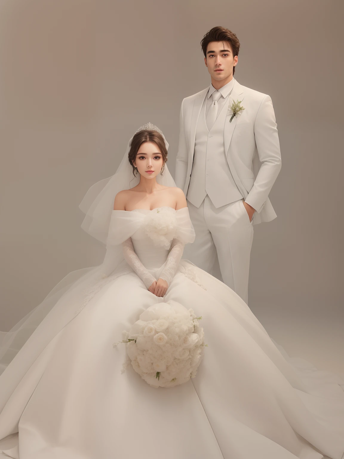 (Best Quality)Couple Women and men , Wedding , Women ( White Wedding Dress , Beauty , Elegant , Happy , Pretty , Beauty Women at wedding day , Fresh , Beautiful , Sit Po ( Wear Suit , Handsome , Muscle , Big Man , Sexy , Stand Up ) Details , Details Everything, UHD , 8K , Elegant , Glamour , luxury ,Ultra HD