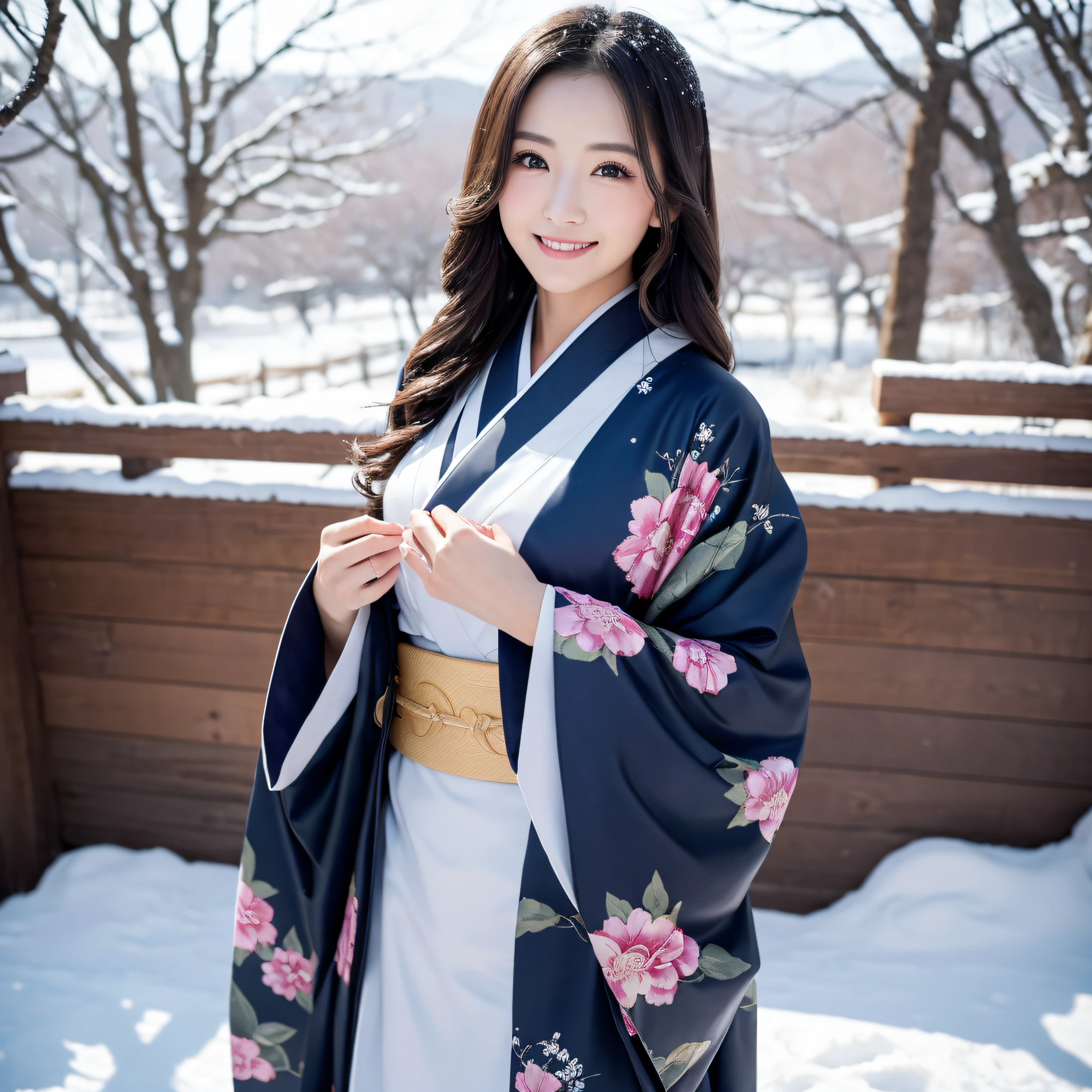 (Super beautiful woman in kimono)、((best qualtiy、8k masterpieces:1.3))、foco nítido:1.2、(ultra beautiful faces:1.0)、(shinny skin:1.0)、photos realistic、A dark-haired、Video Lighting、High-definition eyes and face、Video Lighting、Japanese actressl、from the front side、medium breasts、With a happy smile、Slender Abs Beauty、Whole body、wearing kimonos、In a snowy landscape in the middle of winter