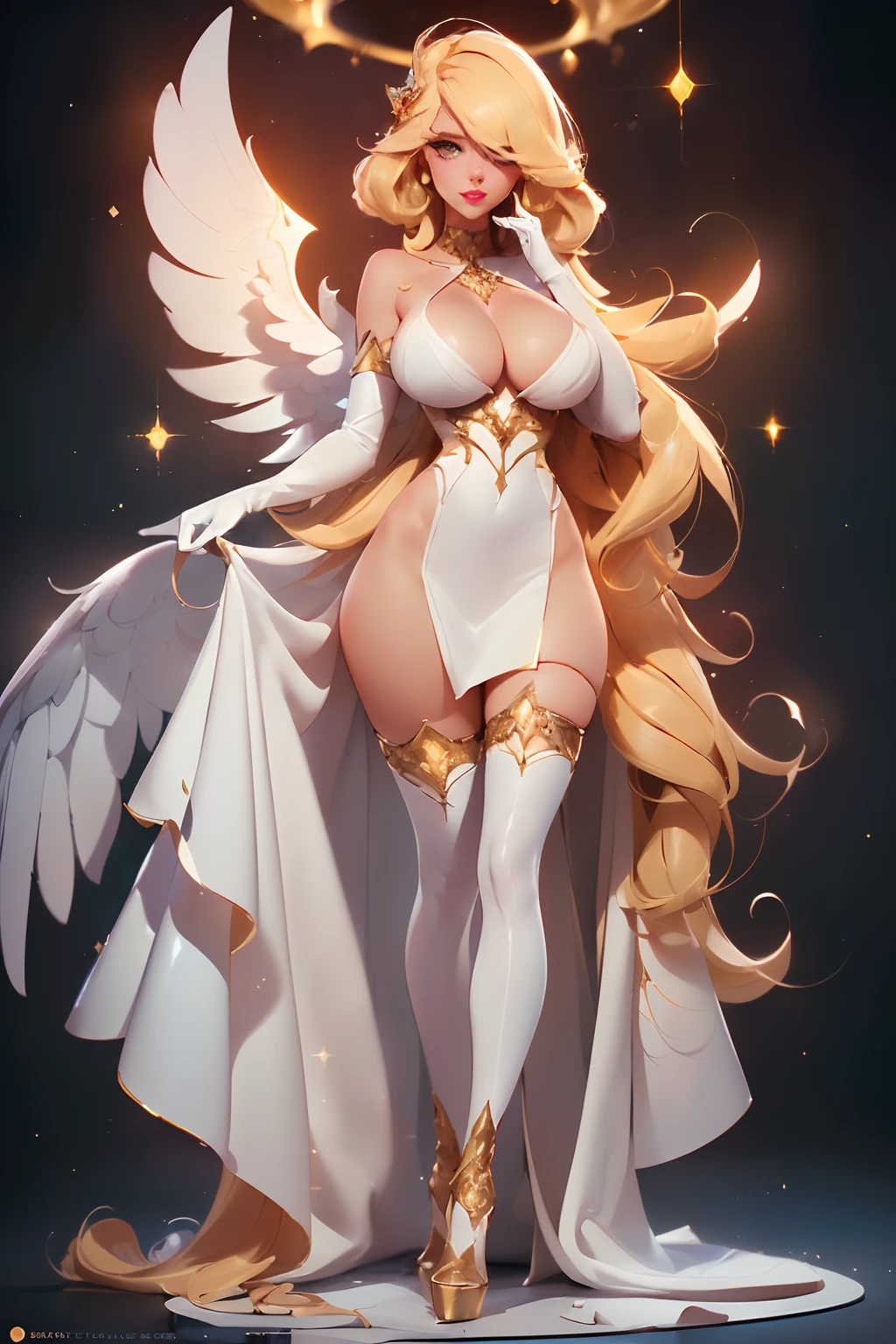 ((full body)) ((sexy tall supermodel)) ((beautiful face)) (red lipstick) ((big bright eyes)) ((very long blonde messy with long bangs covering one eye)) ((pale skin)) ((very huge breast:1.5)) (perfect body:1.3) ((full torso nude, bare breast and pussy))((wears fantasy white stocking, white long gloves, choker, white high heels, big cosplay wings ornamented with gold, transparent, ankle))((sexy supermodel posing inside photo studio for camera photoshoot, light of reflector over her))(high resolution, dynamic shadows)((photorealistic:1.5)) ((masterpiece:1.3)) (8k) (perfect face) (best quality) (perfect hands and eyes)