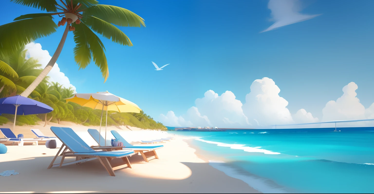 There is a chair and umbrella on the beach, Beach background, landscape of a beach, seaside backgroud, Relaxing concept art, sunny day at beach, 4 k hd wallpaper illustration, 4 k hd illustrative wallpaper, landscape artwork, relaxing on the beach, Island background, relaxing on the beach, beautiful digital painting, vibrant gouache painting scenery