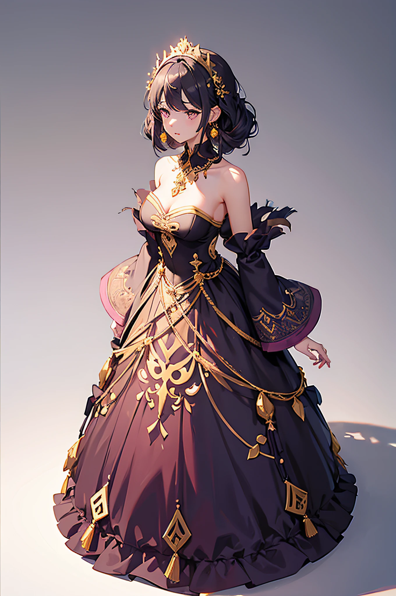 1 girl, solo, full body, dress, gradient, breasts, gradient background, gradient dress, hair accessory, tassel, jewelry, bare shoulders, wide sleeves, standing, gray background, earrings, long sleeves, looking at the audience, pink flowers, gold ornaments, coiled up hairstyle, shadow