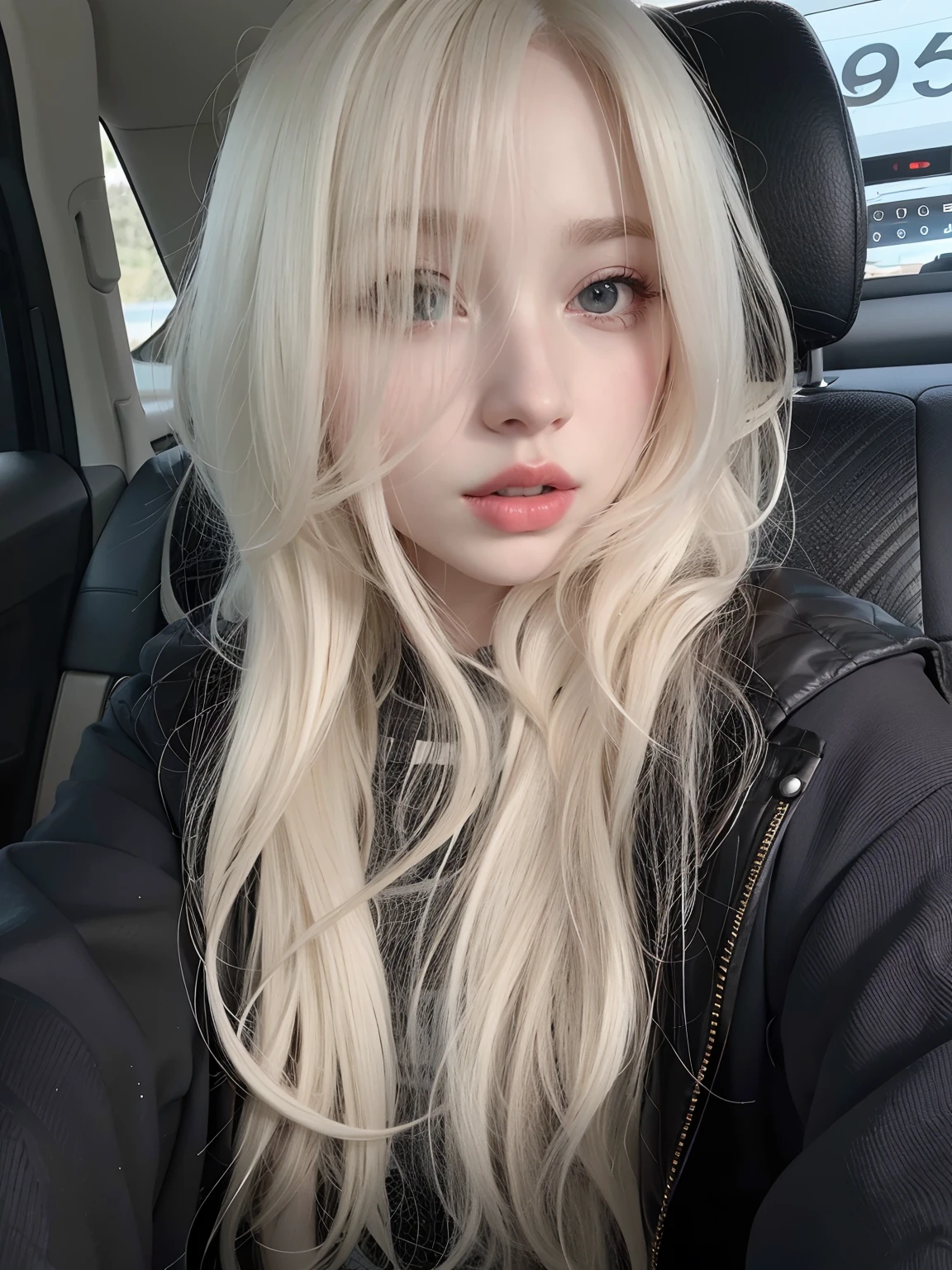 Mulher loira com cabelo longo sentada em um carro com um telefone, extremely pale blond hair, very very pale blond hair, her hair is white, pale hair, pale white skin, ava max, with pale skin, longos cabelos brancos e franja, pale porcelain white skin, ivory pale skin, extremely pale white skin, albino white pale skin, very very pale white skin