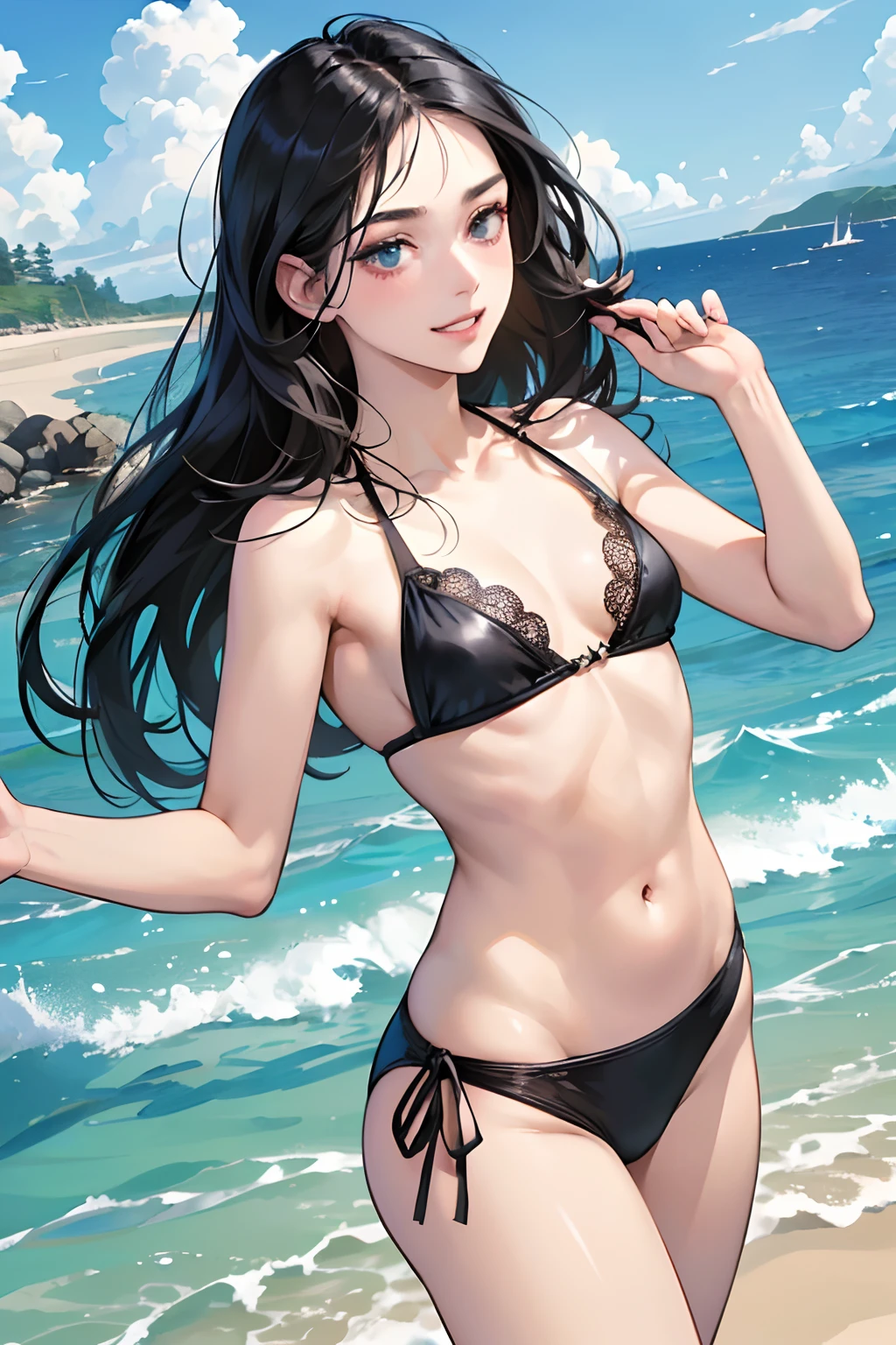(masutepiece, Digital Art, Digital Illustration, 4K, 8K, Ultra-detailed, beautiful image, Sharp Image, Photorealistic, Raw photo, Perfect face, Perfect lines, Perfect eyes, Soft lighting) ,1 woman, (Long Black Hair,straight haired,Bullish gaze,Beautie,ellegance,Solid makeup,23 y-o woman,small tits:1.3),Two handsome men in suits, (ember,Men in suits,well-muscled,Firm shoulder width,Adult male,Boyish hairstyle,English gentlemanly style,Man in his 30s with a cool expression,28-year-old man with bright smile:1.2),Show white teeth and smile(embarrassed from,Shy smile:1.1),Enoshima Coast,mare,Beach,blue open sky,clouds,sand beach,Cute swimsuit,Black Bikini,(Nervous,be shy,sleepy,embarrassed from:1.1),Open your thin mouth,Standing picture,floral arrangements,innocent smiles,Looking at the camera,Dating,sea bathing,Laugh、Pictures like gravure idols、raise arms,Black and lace bikini