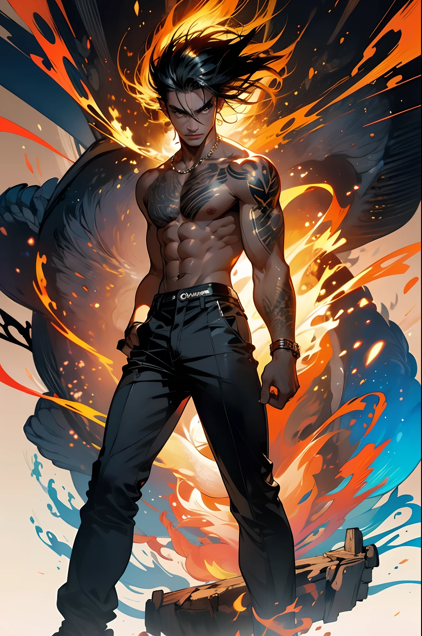 A wild man,cool guy,torch in hand,are standing ,breathingfire,dark-skin,cabelos preto e longos,Bare upper body,Totem tattoo,black long pants,Barefoot