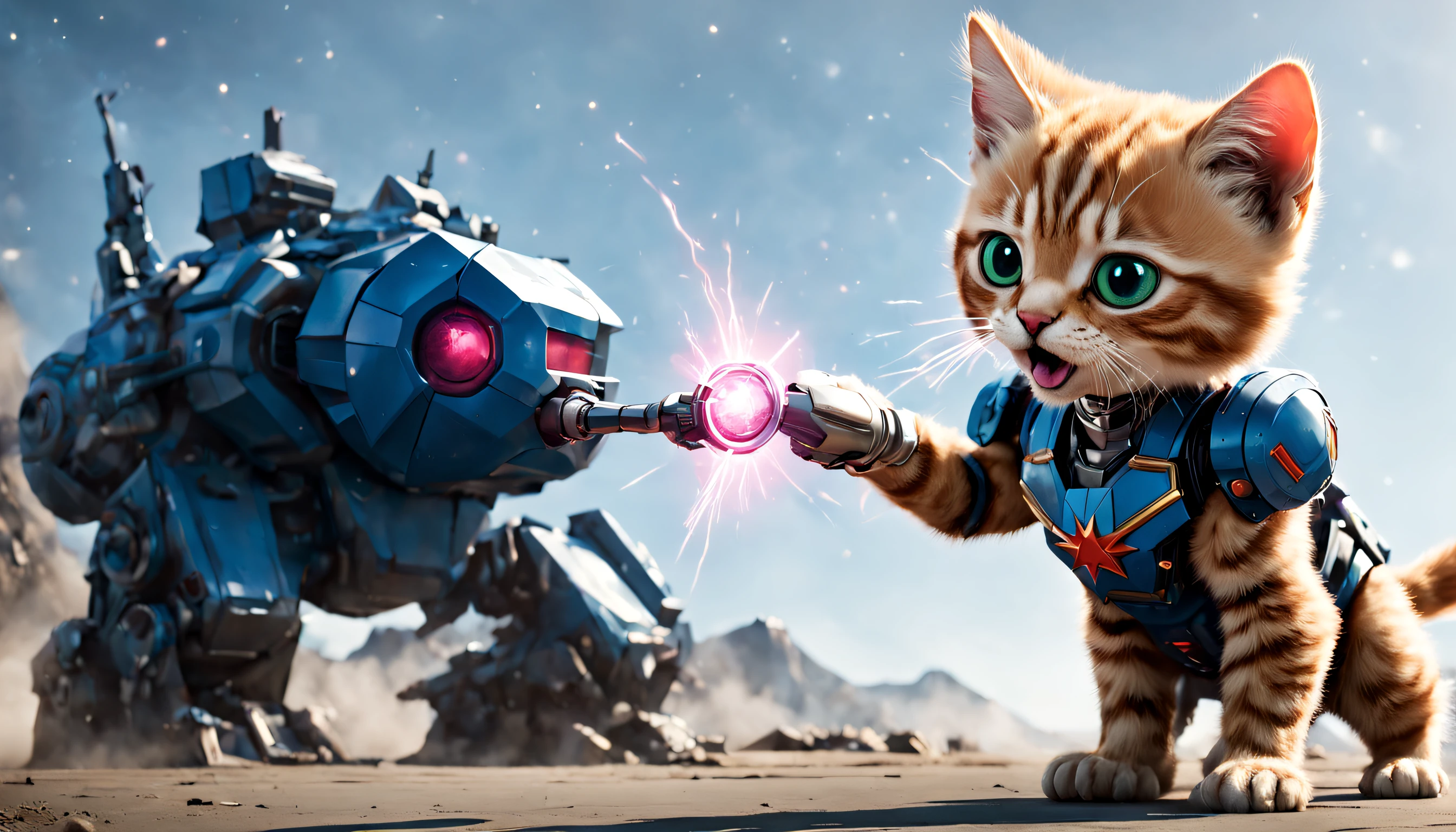 Goose from the 2019 superhero film Captain Marvel taking the form of an adorable kitten mecha. Flerken. Eating a giant villainous mecha tank, reminding the viewer that Flerken have the ability to flex their tongues out and eat things 10 times bigger than they.