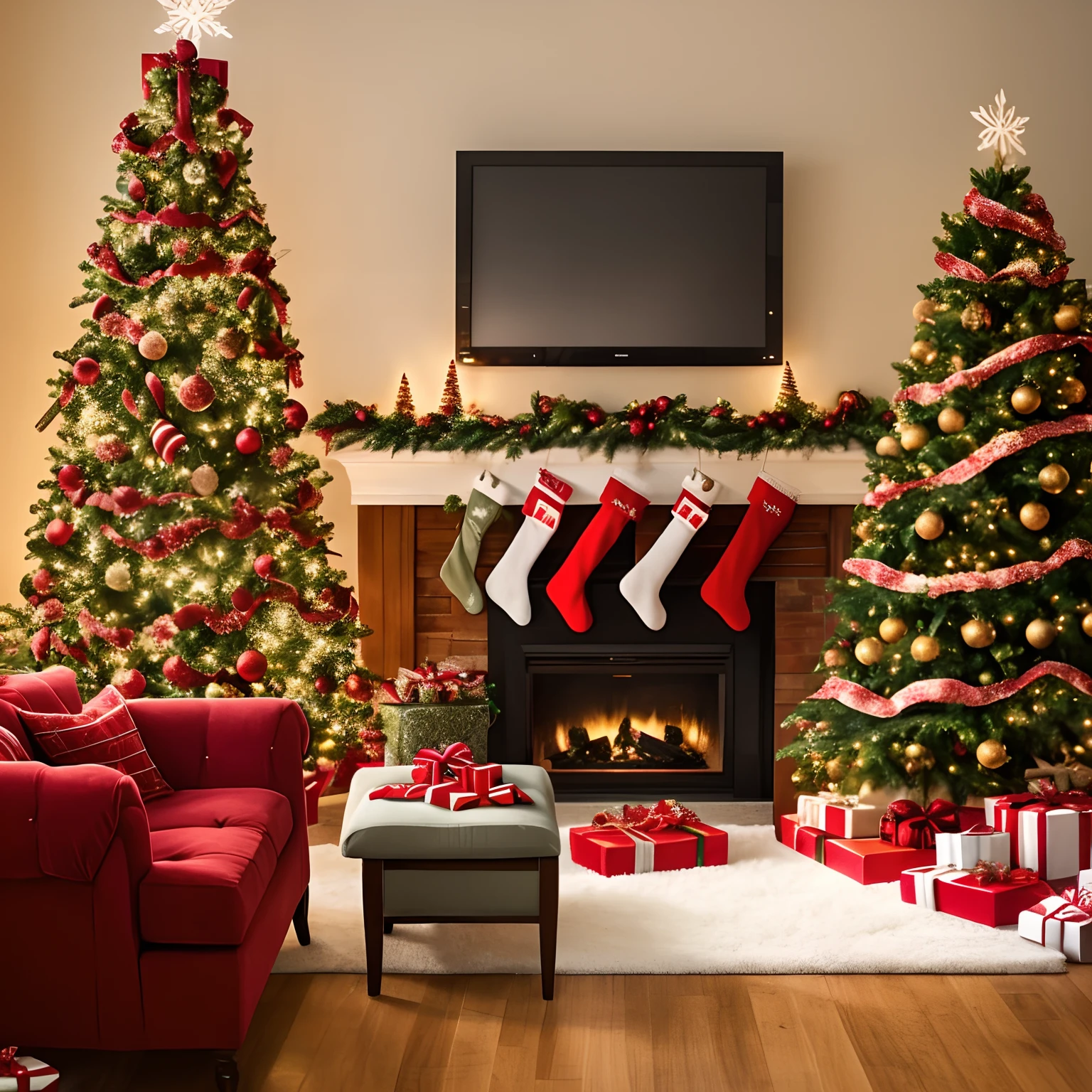 Lof music background image. Chnstmas room with a big
oating window in the center of the
fireplace caim atmosphere, cartoon style, room with
Christmas tree,table lamp. carpet and sofa