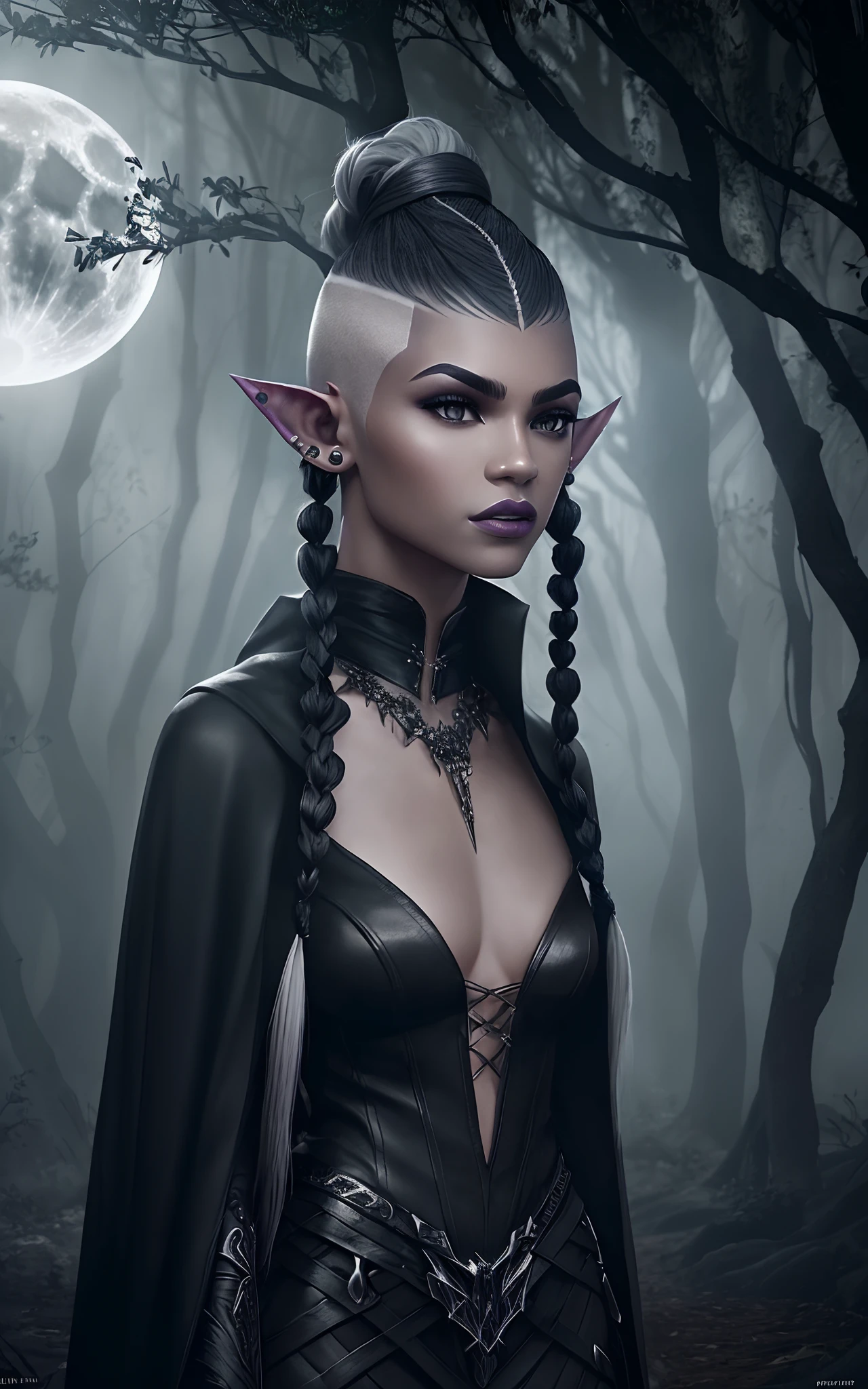 (Dark elf witch), the face of zendaya:Dua lipa, pointy ears, grey skin, white hair, (high top fade haircut), (one braid in one side of the head), masterpiece, dark forest in the background, fog, in the night, full moon ligth, 8k, detailed digital art, piercings.
