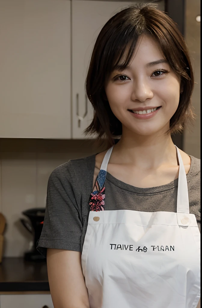 Japan woman smiling and giving a happy speech。Woman looking straight into the camera。Wearing an apron。