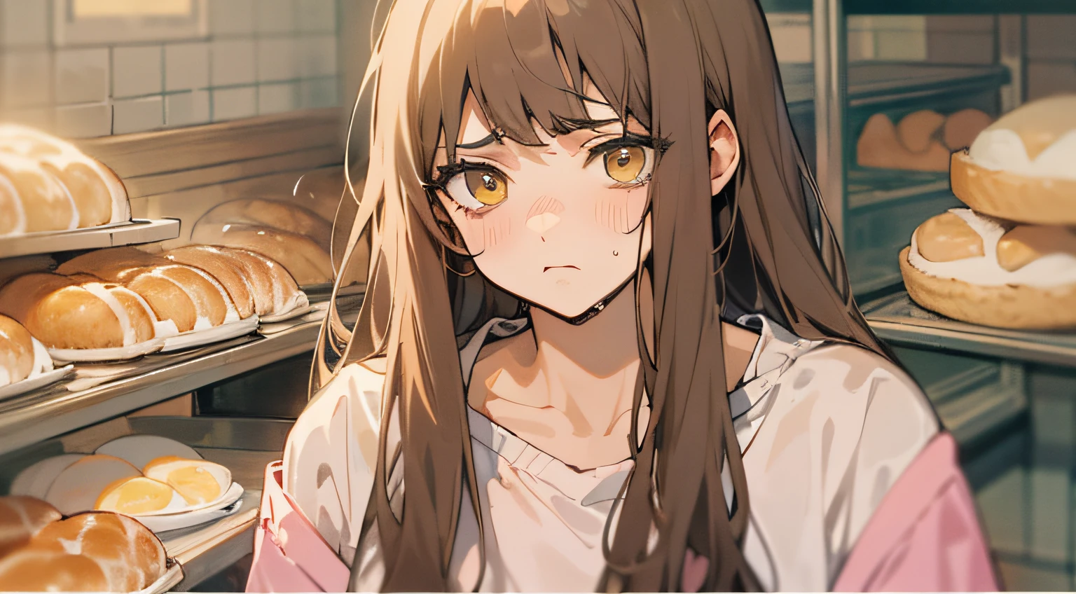 ​masterpiece、top-quality、(brown colored long hair:1.1)、20-year-old yellow-eyed woman、japanese comic book、Large one-shoulder T-shirt in pink、Clothes are torn to tatters、being thin、(flat breast:1.1)、(Depressed and gloomy look:1.3)、(Staring:1.5)、(Close-up of the subject's face:1.3)、Bakery in the background、Bold composition、Upper body is shown、Alone、