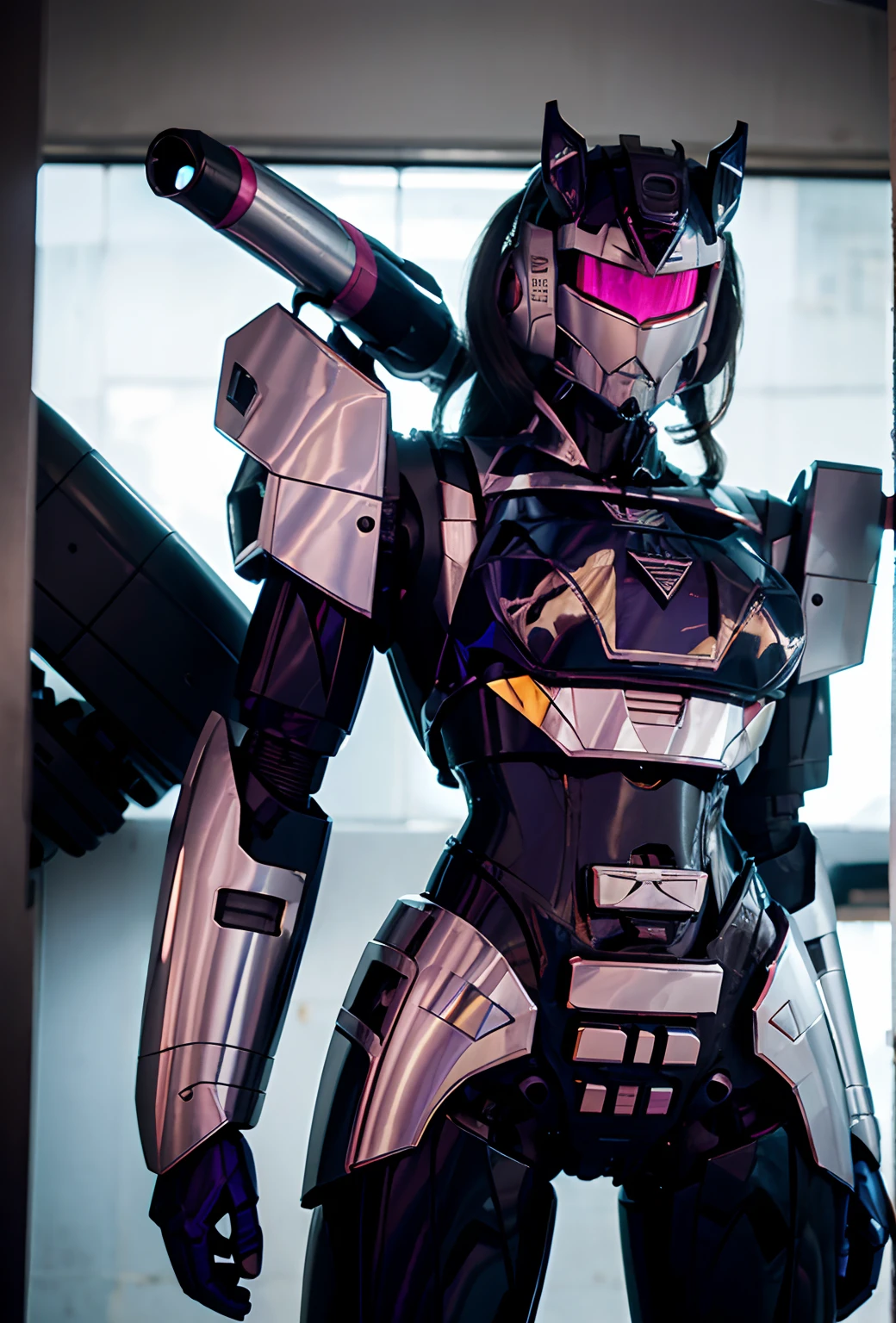 Un primer plano de una caricatura de un robot con una espada, Soundwave, girl in mecha cyber armor, streamlined pink armor, onda sonora, Mech Decepticon gris oscuro, mecha hembra, Female Female Dragon Head Robot, Alas de mecha, Estilo Neon Genesis Evangelion, Cybertroniano, Pterodactyl wick, de transformadores